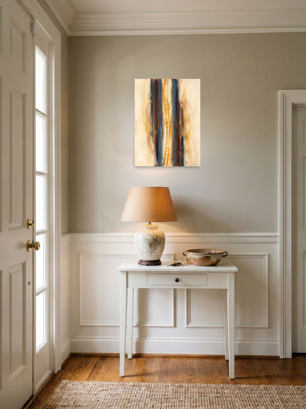The unframed paper print 'Ascension in C Minor' hanging in an entryway near a console, shown at 18x24 inch.