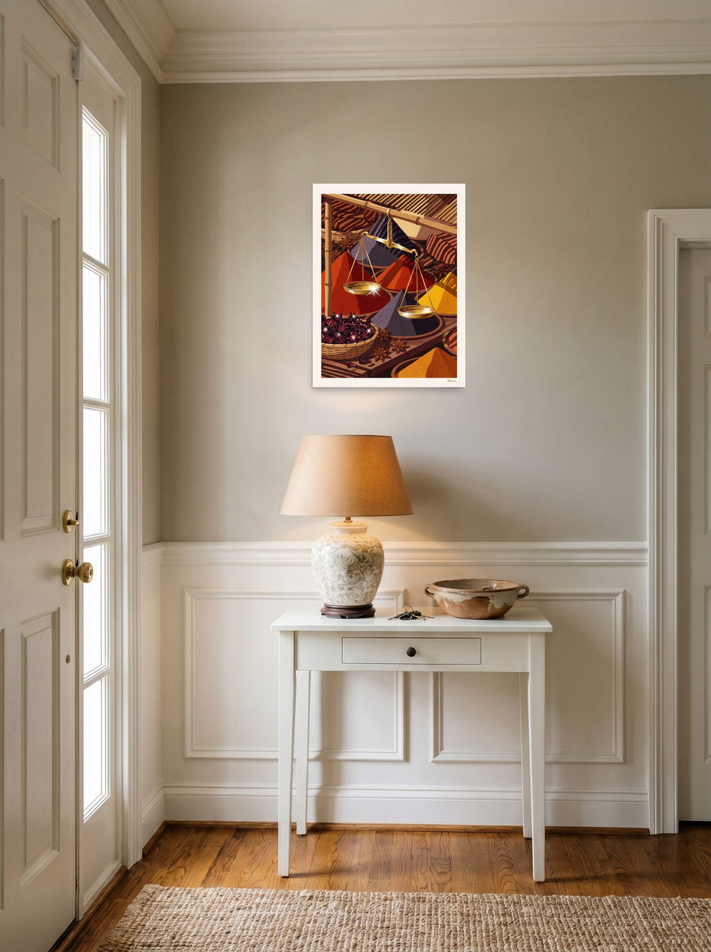 See 'Spice Merchant's Balance' as a unframed paper print (18x24 inch), hanging in an entryway near a console.