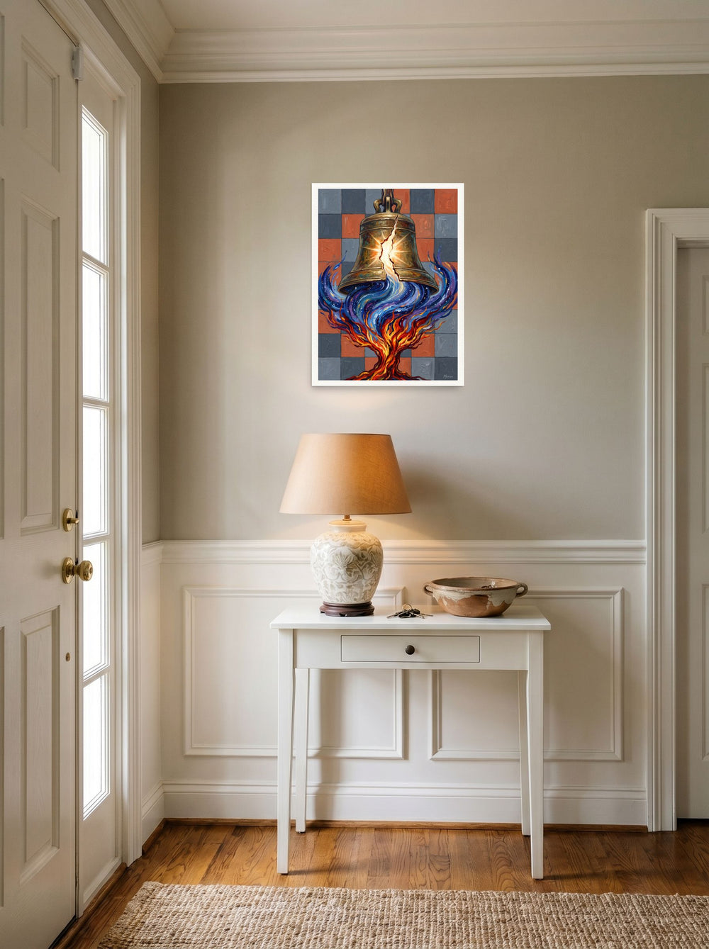 A unframed paper print of the Symbolism artwork 'Resonance of the Fractured Bell', hanging in an entryway near a console.