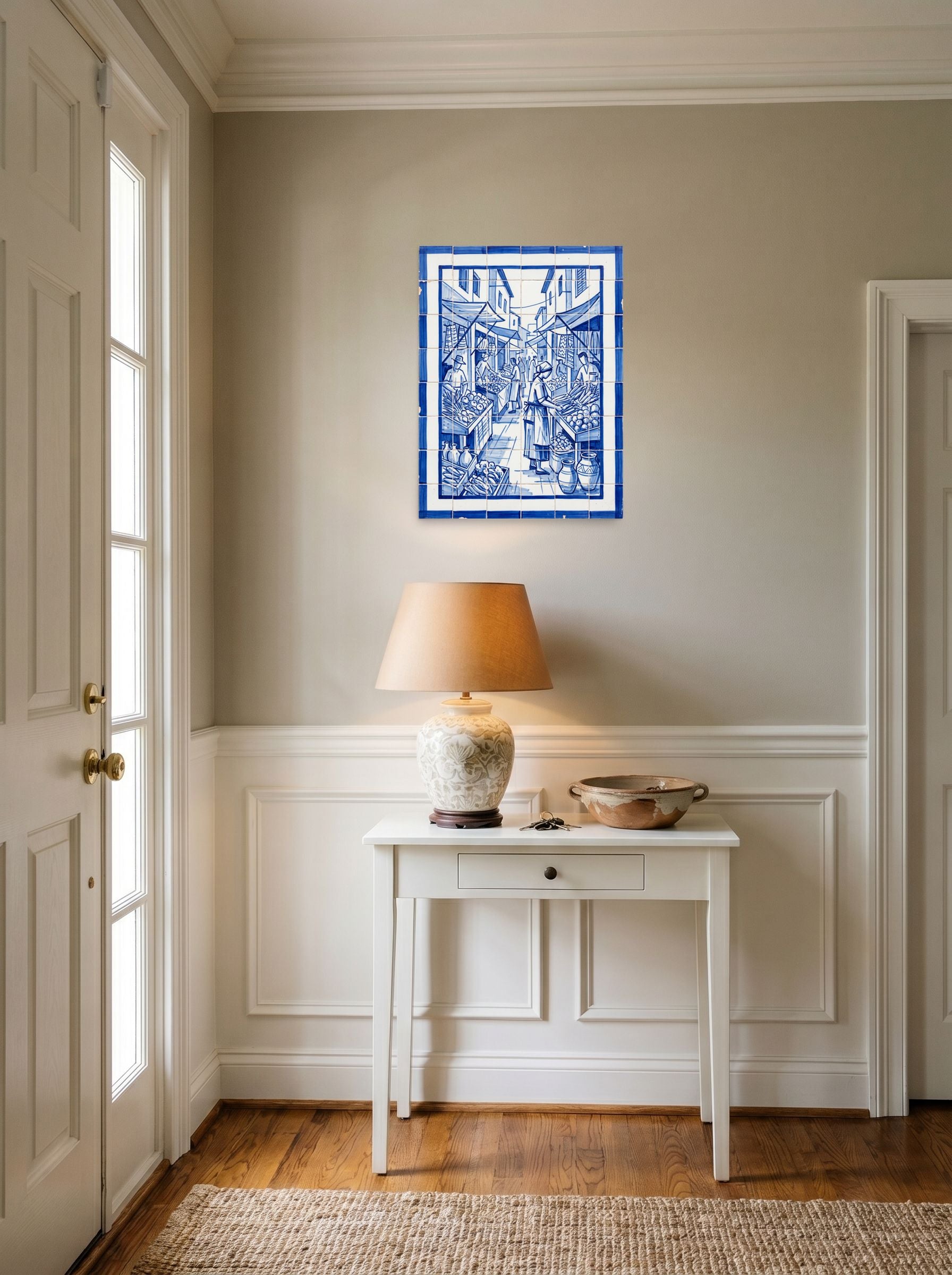 A 18x24 inch unframed paper Realism print of 'The Market Square' hanging in an entryway near a console.
