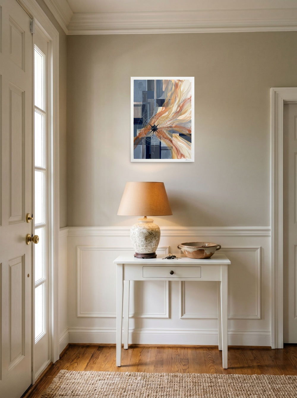 A unframed paper print of the Geometric abstract art artwork 'Celestial Nexus', styled above a console table in an entryway.