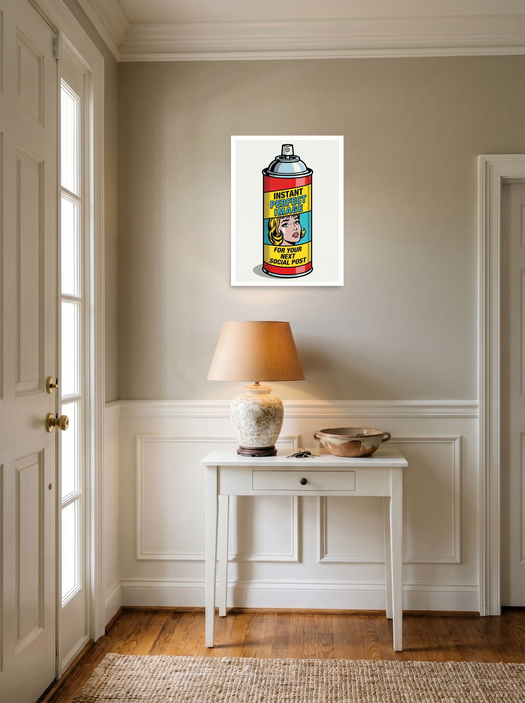 A 18x24 inch unframed paper Pop art print of 'Canned Perfection' hanging in an entryway near a console.