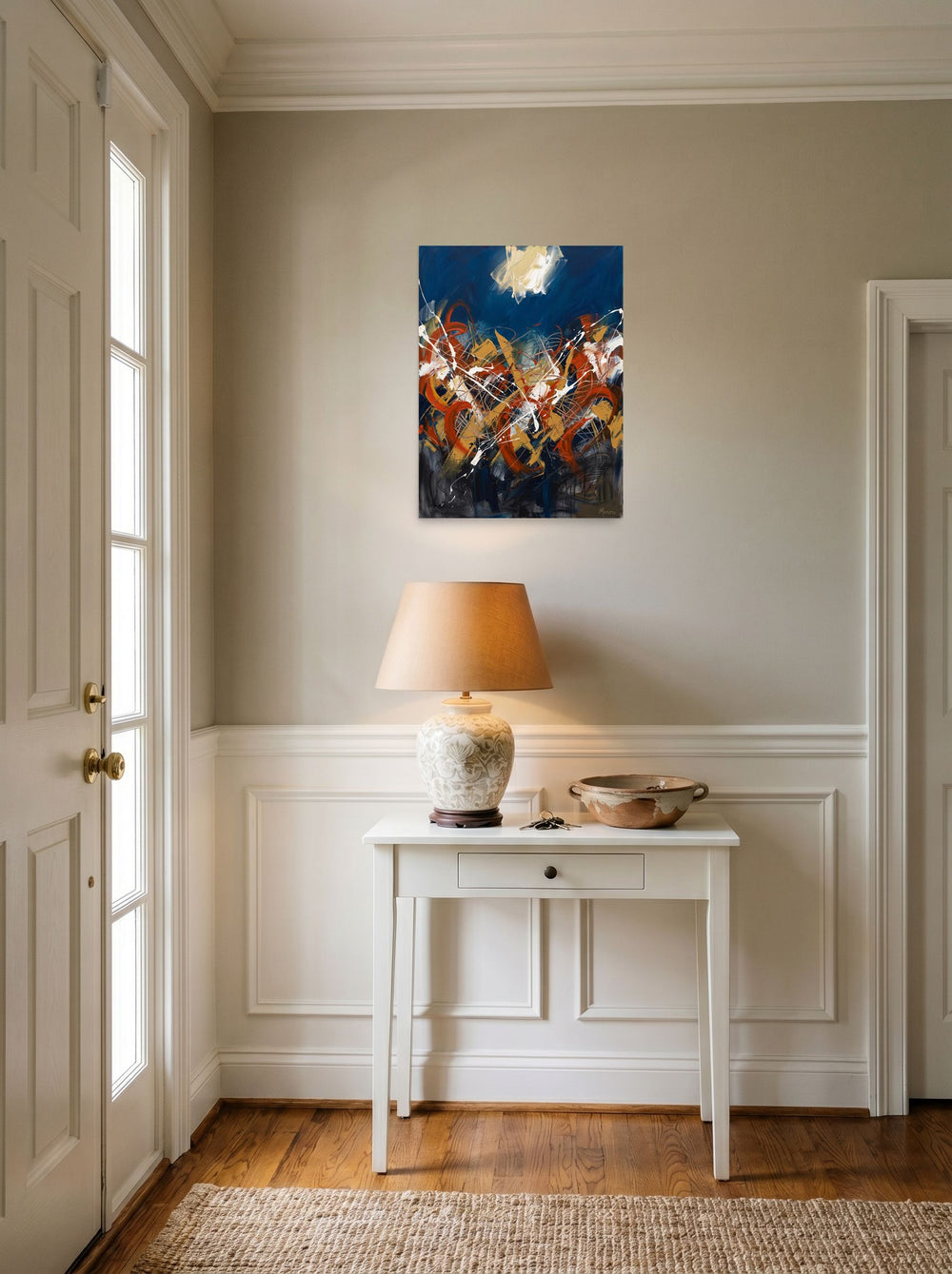 'Midnight Tempest' in 18x24 inch unframed paper, hanging in an entryway near a console.