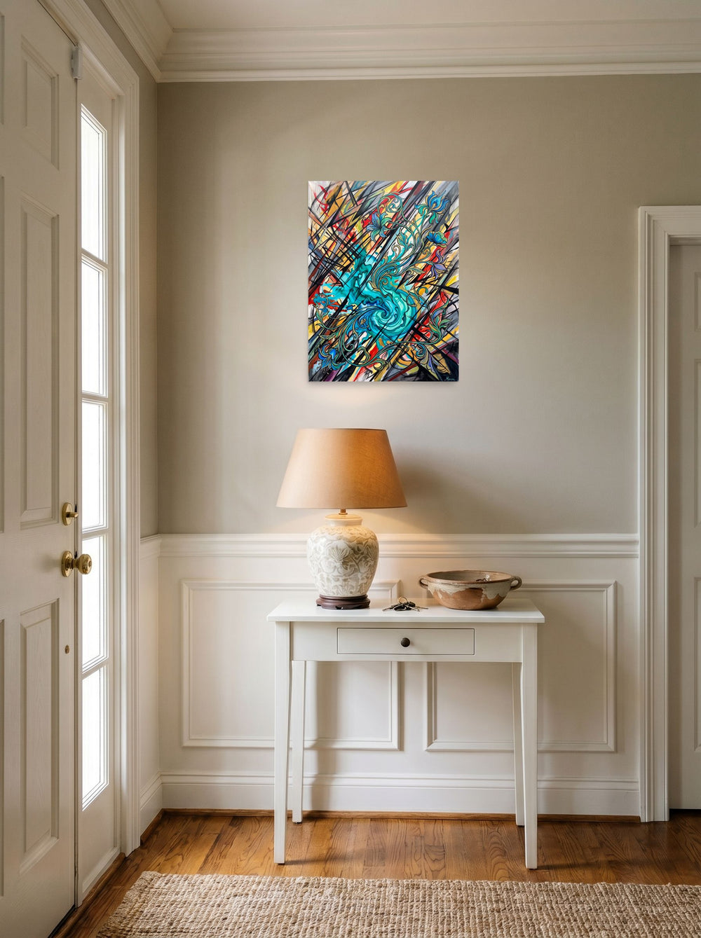 Art Nouveau wall art 'Botanical Shatter', unframed paper at 18x24 inch, hanging in an entryway near a console.