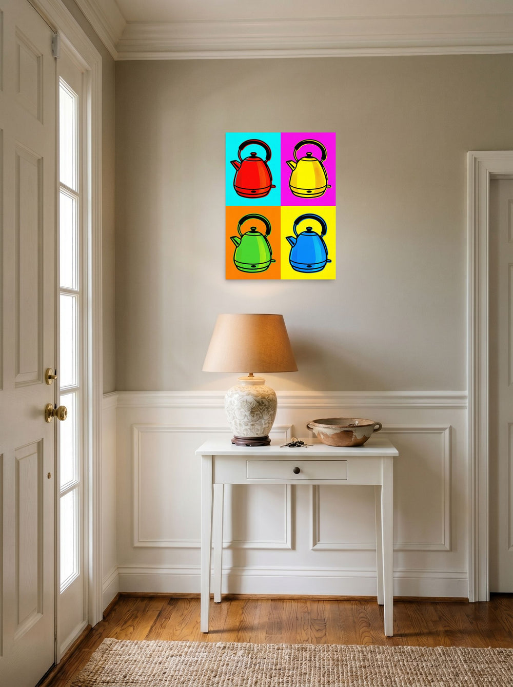 A 18x24 inch unframed paper Pop art print of 'Quad Chroma Kettle' hanging in an entryway near a console.