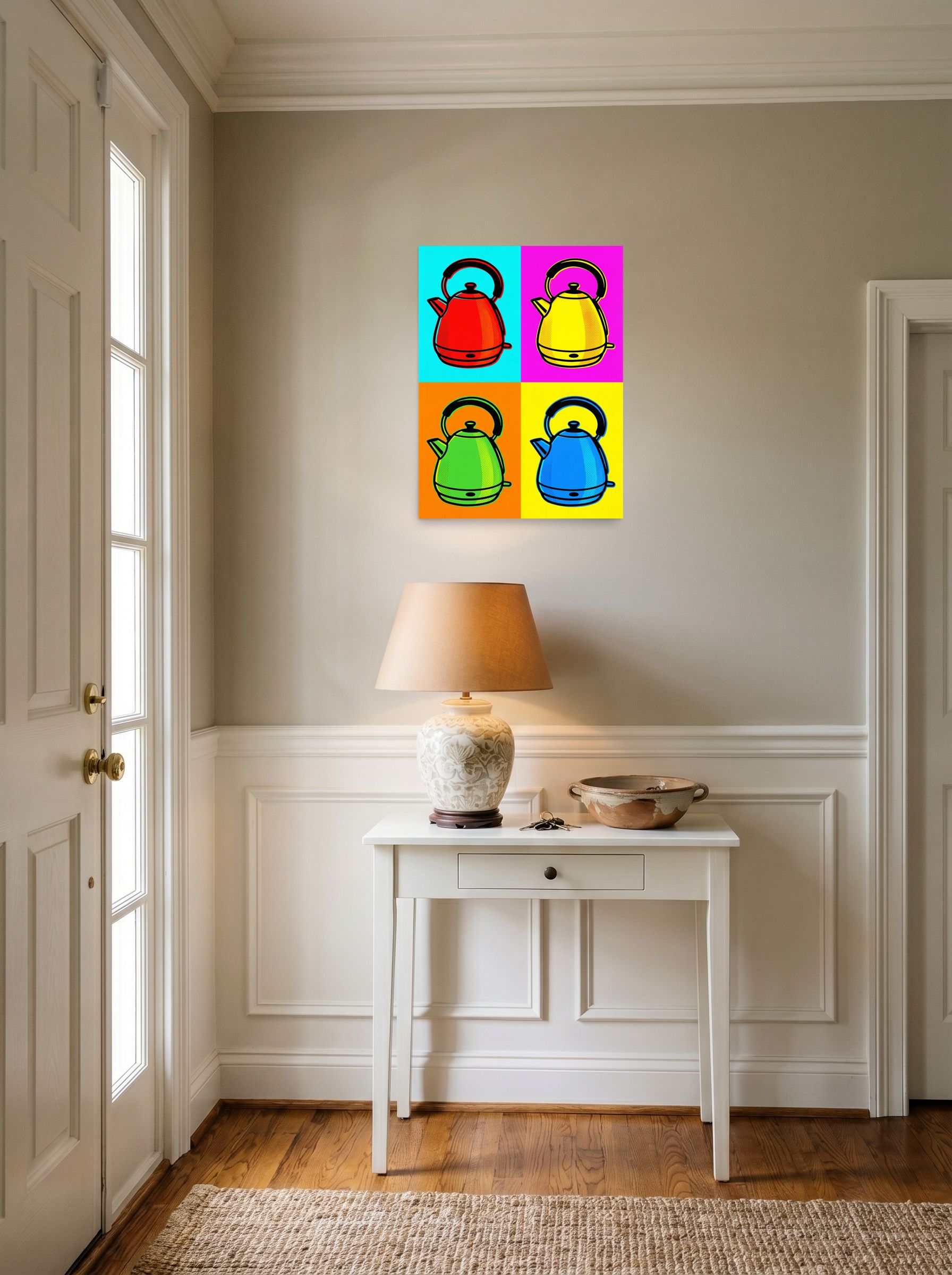 A 18x24 inch unframed paper Pop art print of 'Quad Chroma Kettle' hanging in an entryway near a console.