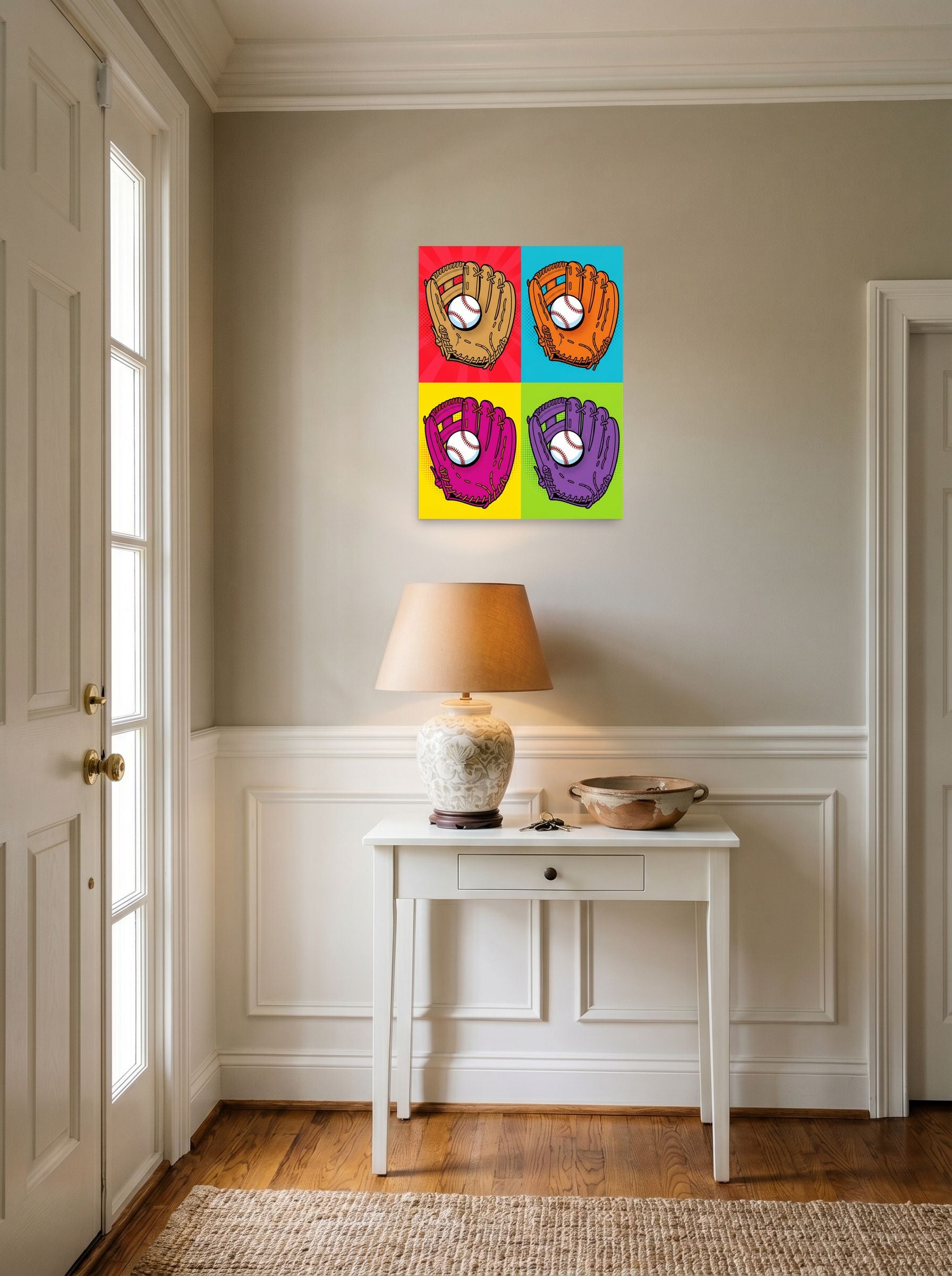 A 18x24 inch unframed paper Pop art print of 'Four Seam Pop' hanging in an entryway near a console.