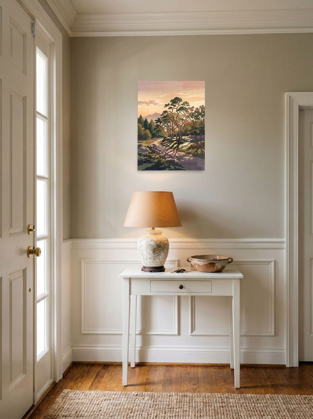 'Dappled Sunset Path', a Shin hanga print styled above a console table in an entryway. Shown as unframed paper, 18x24 inch.