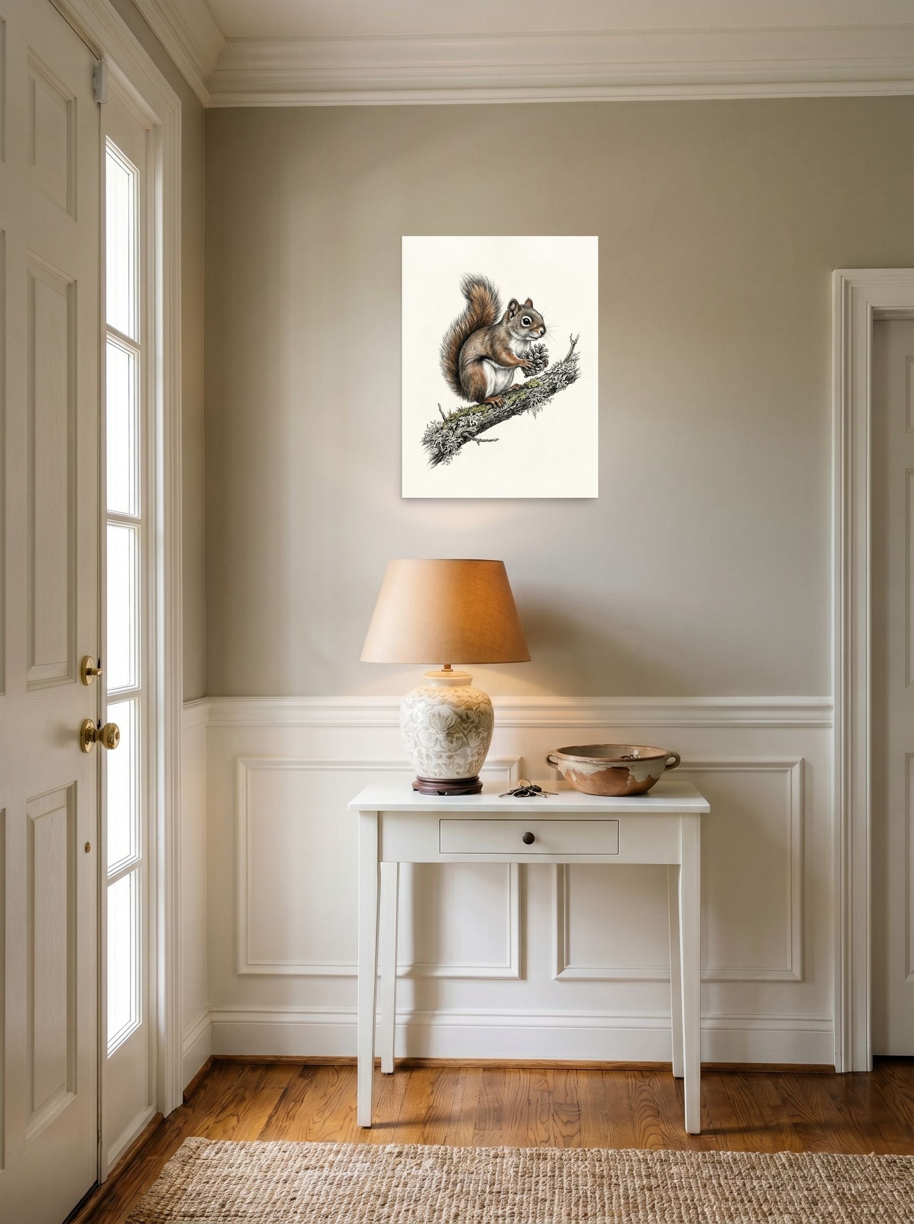 A 18x24 inch unframed paper Academic art,Realism print of 'Red Squirrel with Pinecone' hanging in an entryway near a console.
