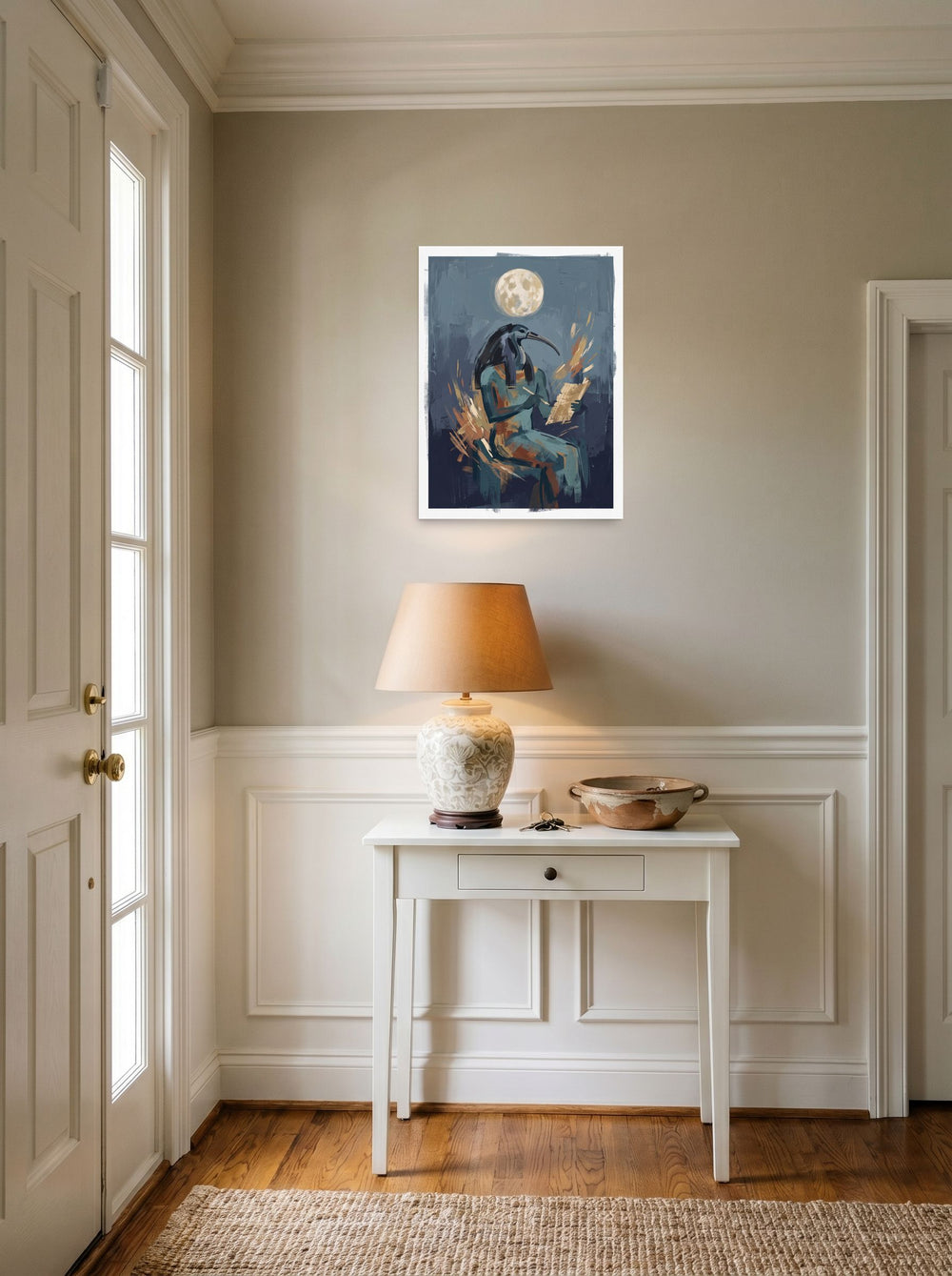 Mockup of 'The Scribe's Moonlight' as a 18x24 inch unframed paper print, styled above a console table in an entryway.