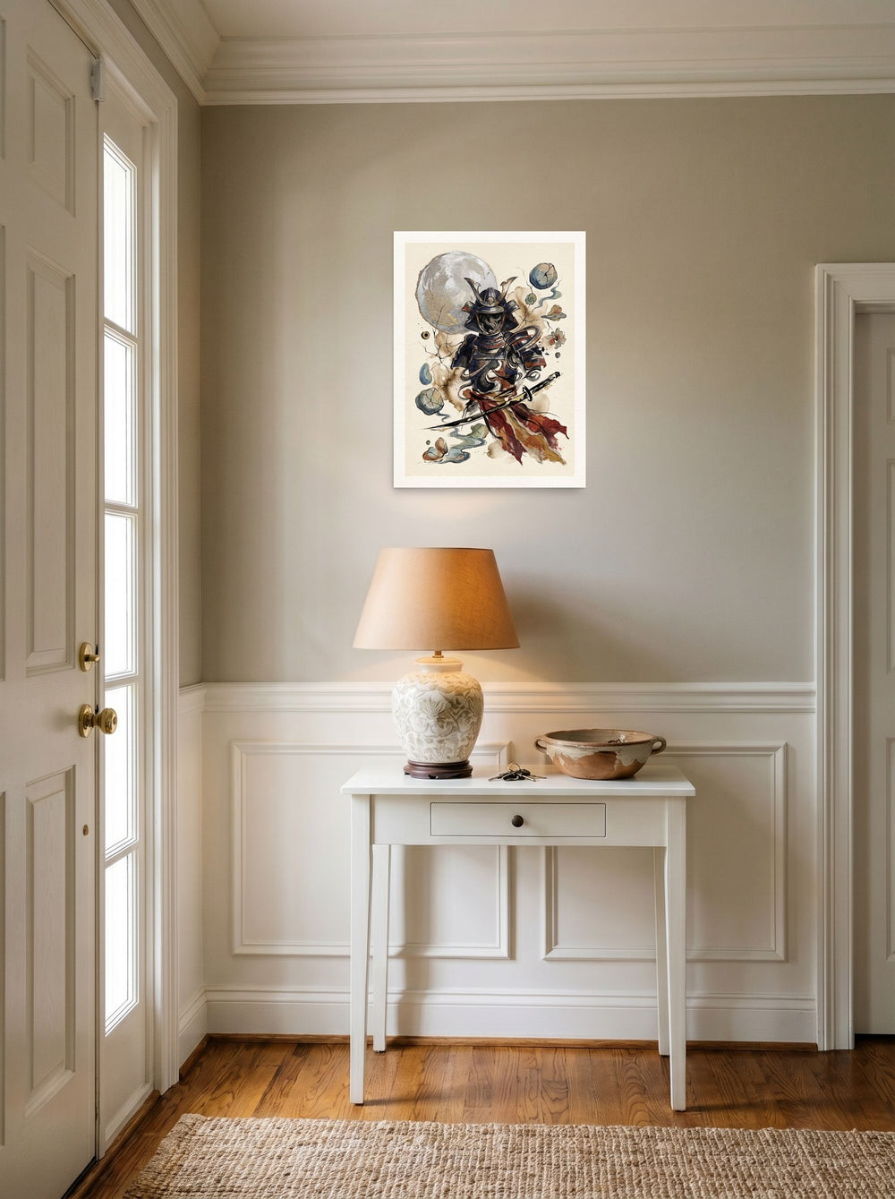 A 18x24 inch unframed paper version of 'Shadow of the Warrior', Dau-al-Set wall art, hanging in an entryway near a console.
