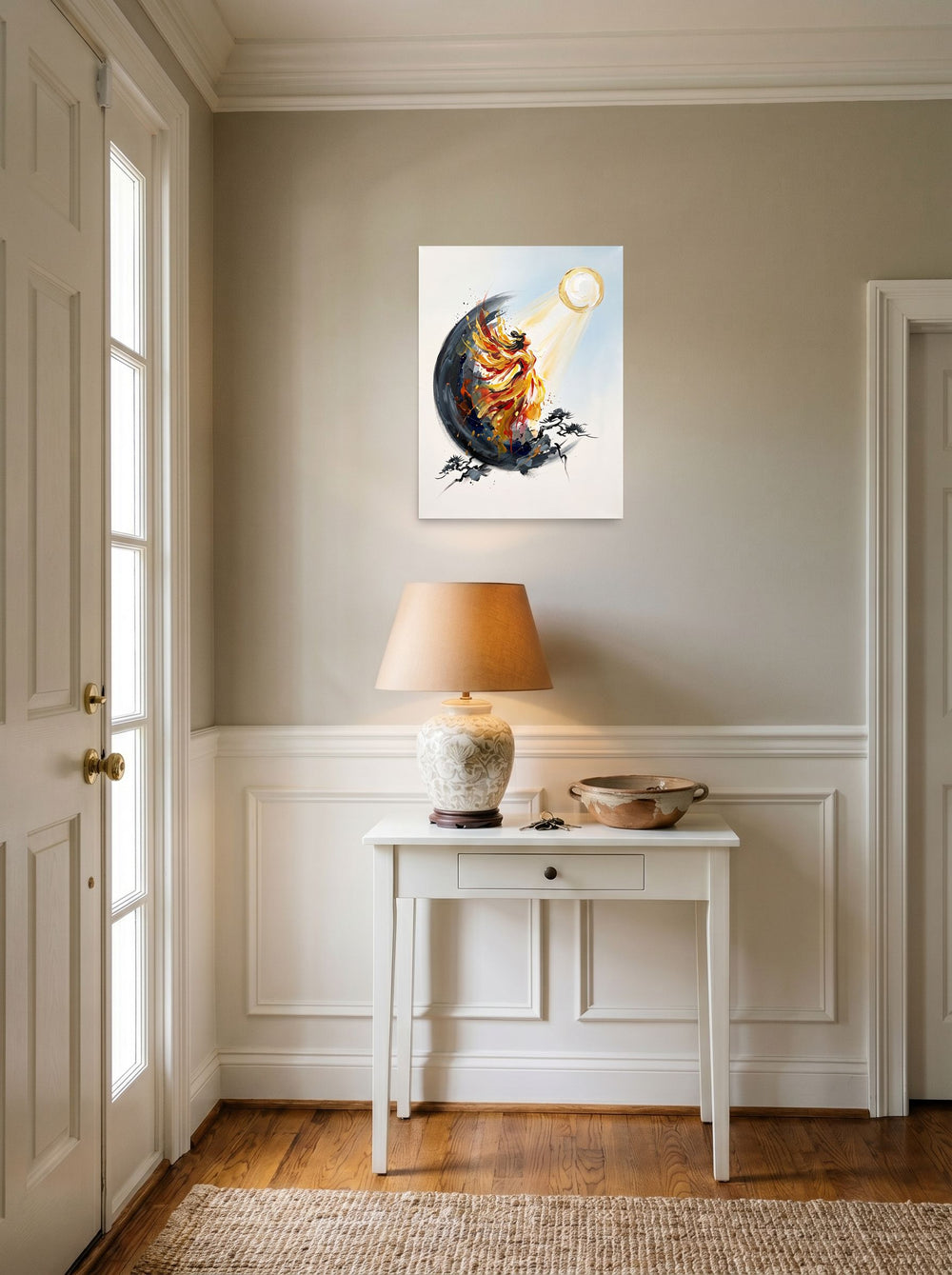 Expressionism wall art 'Ascent of the Sun Goddess', unframed paper at 18x24 inch, styled above a console table in an entryway.