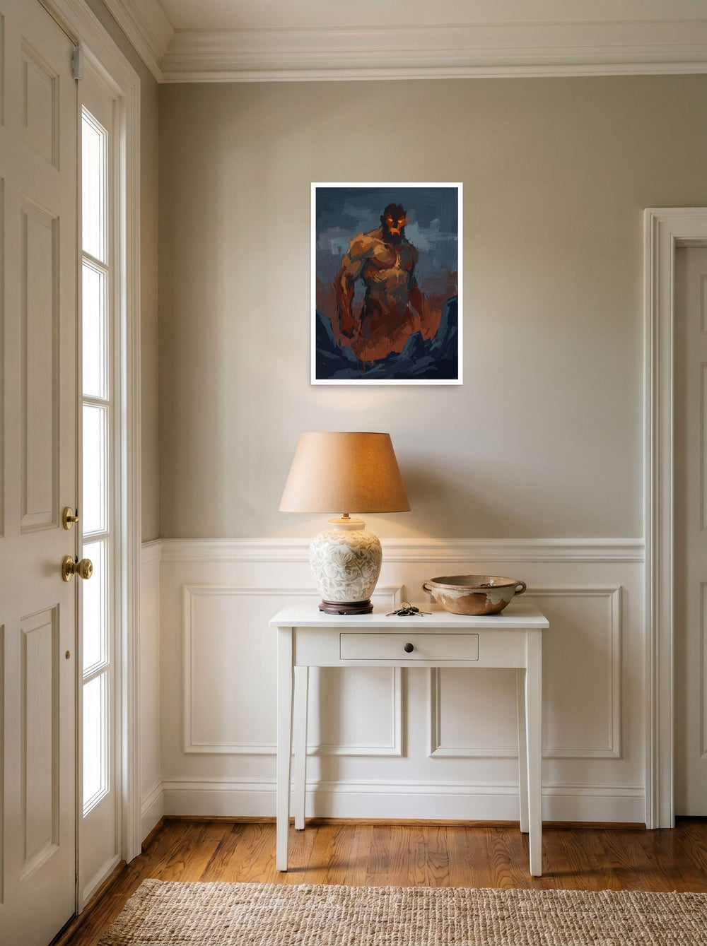See 'The Fire Giant' as a unframed paper print (18x24 inch), set against a bright entryway wall.