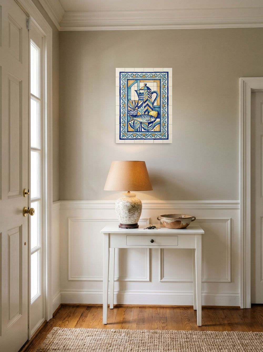 A 18x24 inch unframed paper Cubism print of 'The Fisherman's Still Life' hanging in an entryway near a console.