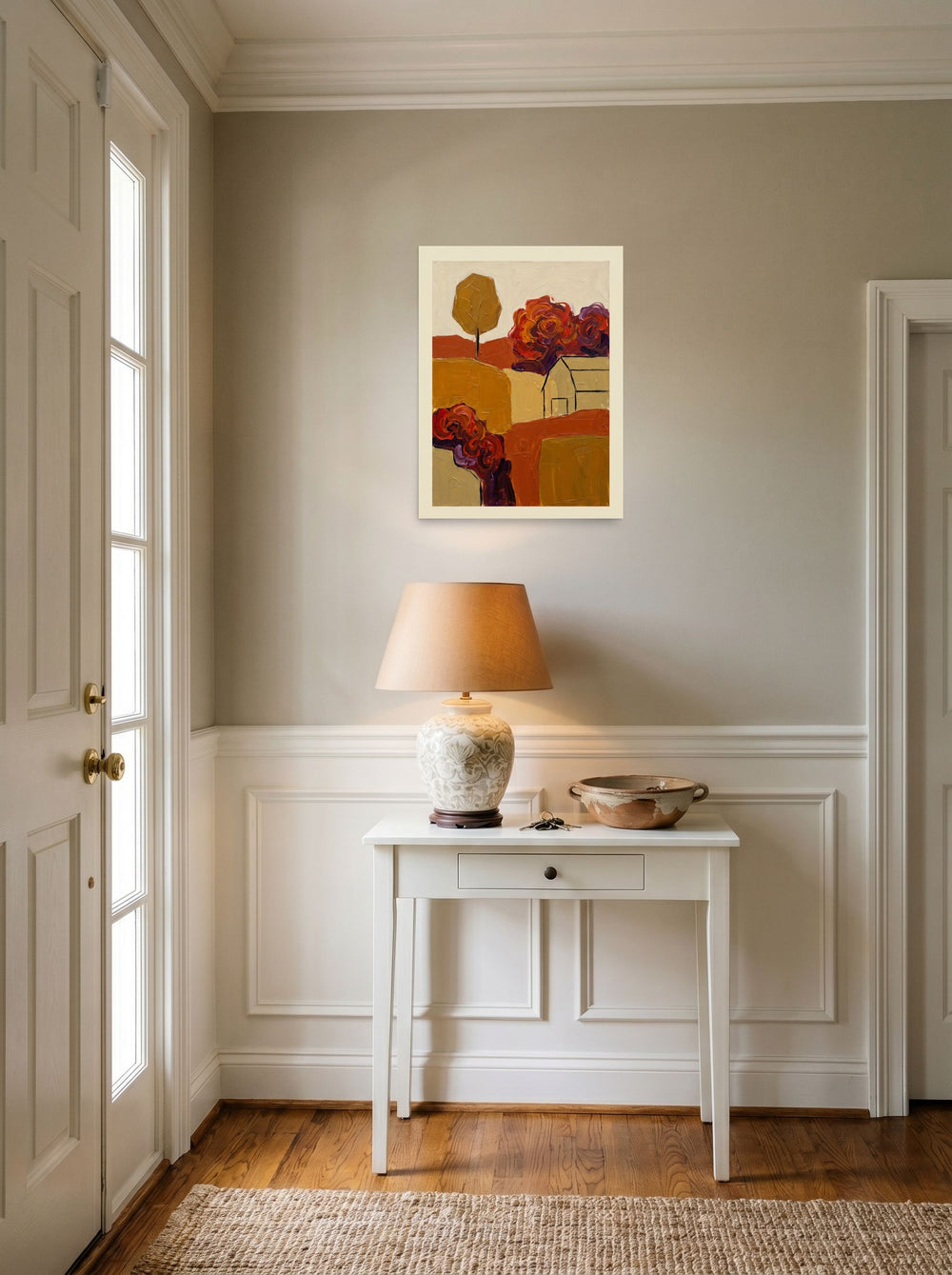 'Abstract Autumn Farm' hanging in an entryway near a console. A 18x24 inch unframed paper Abstract expressionism print.