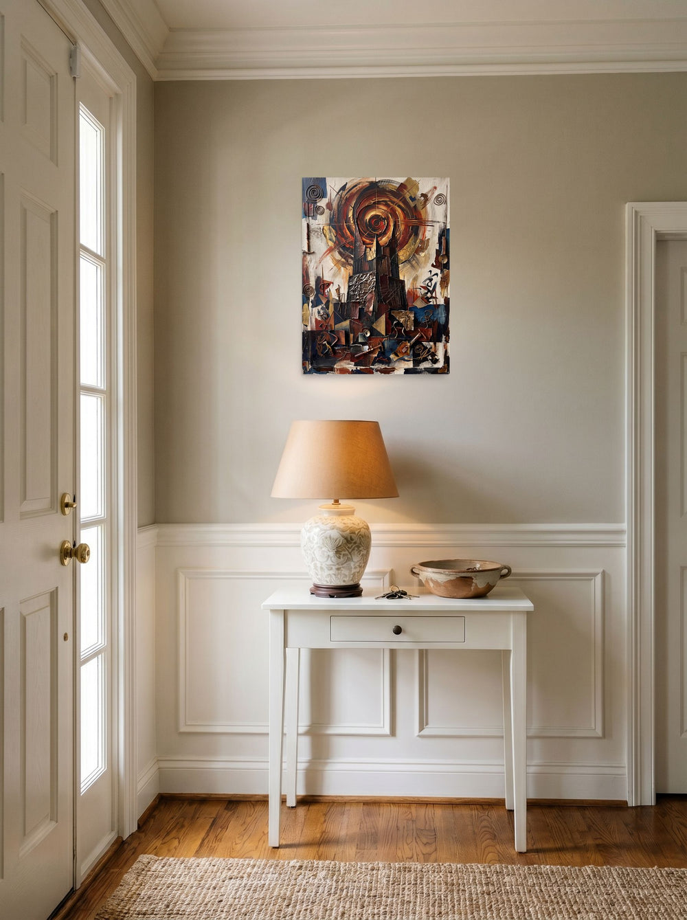 unframed paper wall art 'Cathedral of the Sun' hanging in an entryway near a console, at 18x24 inch.