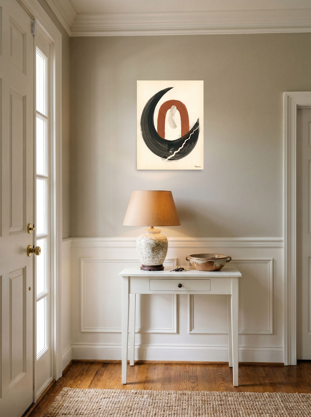 The unframed paper print 'Earthen Crescent' hanging in an entryway near a console, shown at 18x24 inch.