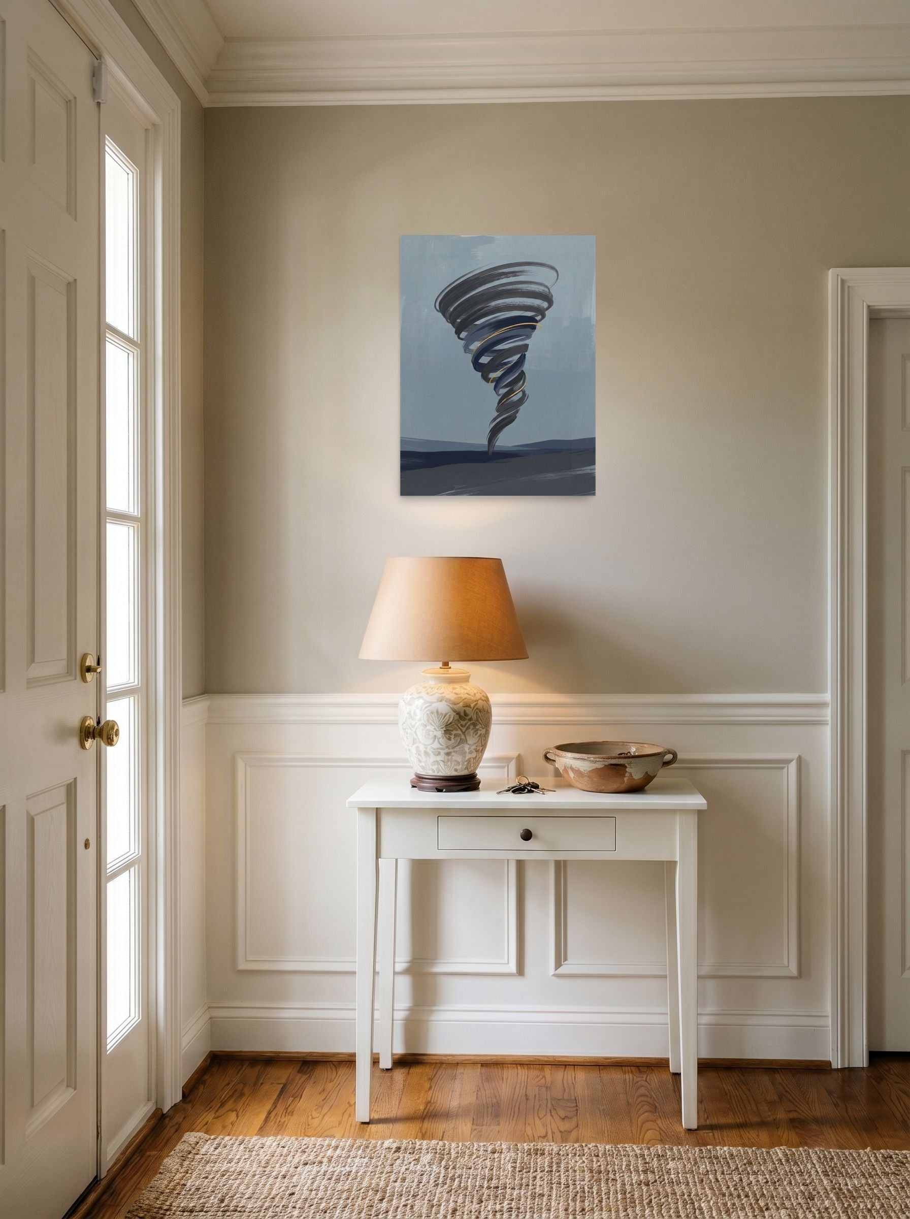 A 18x24 inch unframed paper Minimalism print of 'The Golden Vortex' hanging in an entryway near a console.