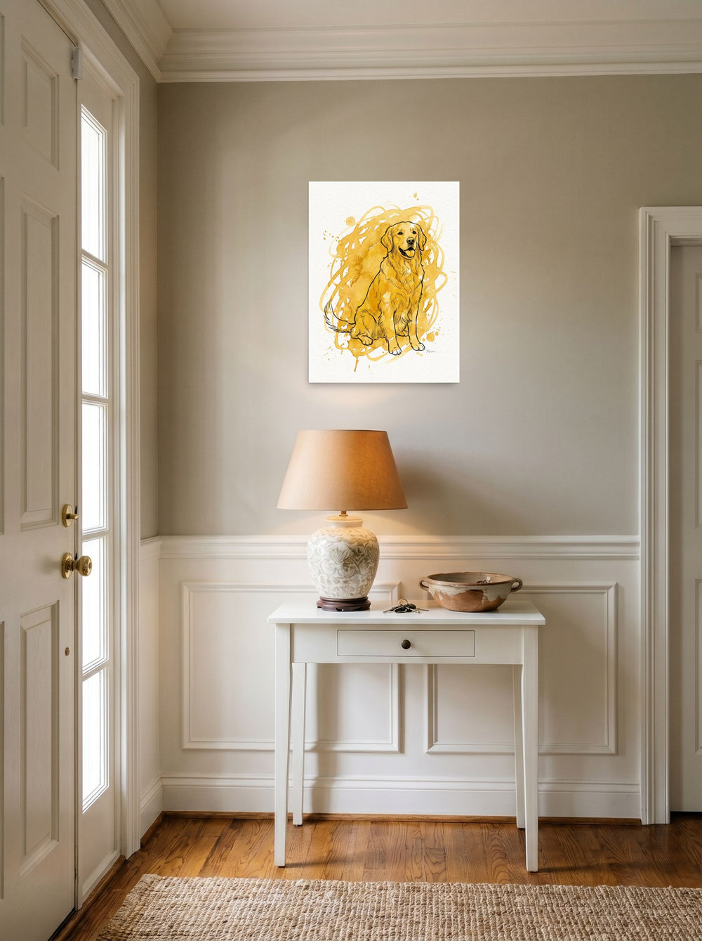 Realism wall art 'Golden Companion', unframed paper at 18x24 inch, set against a bright entryway wall.
