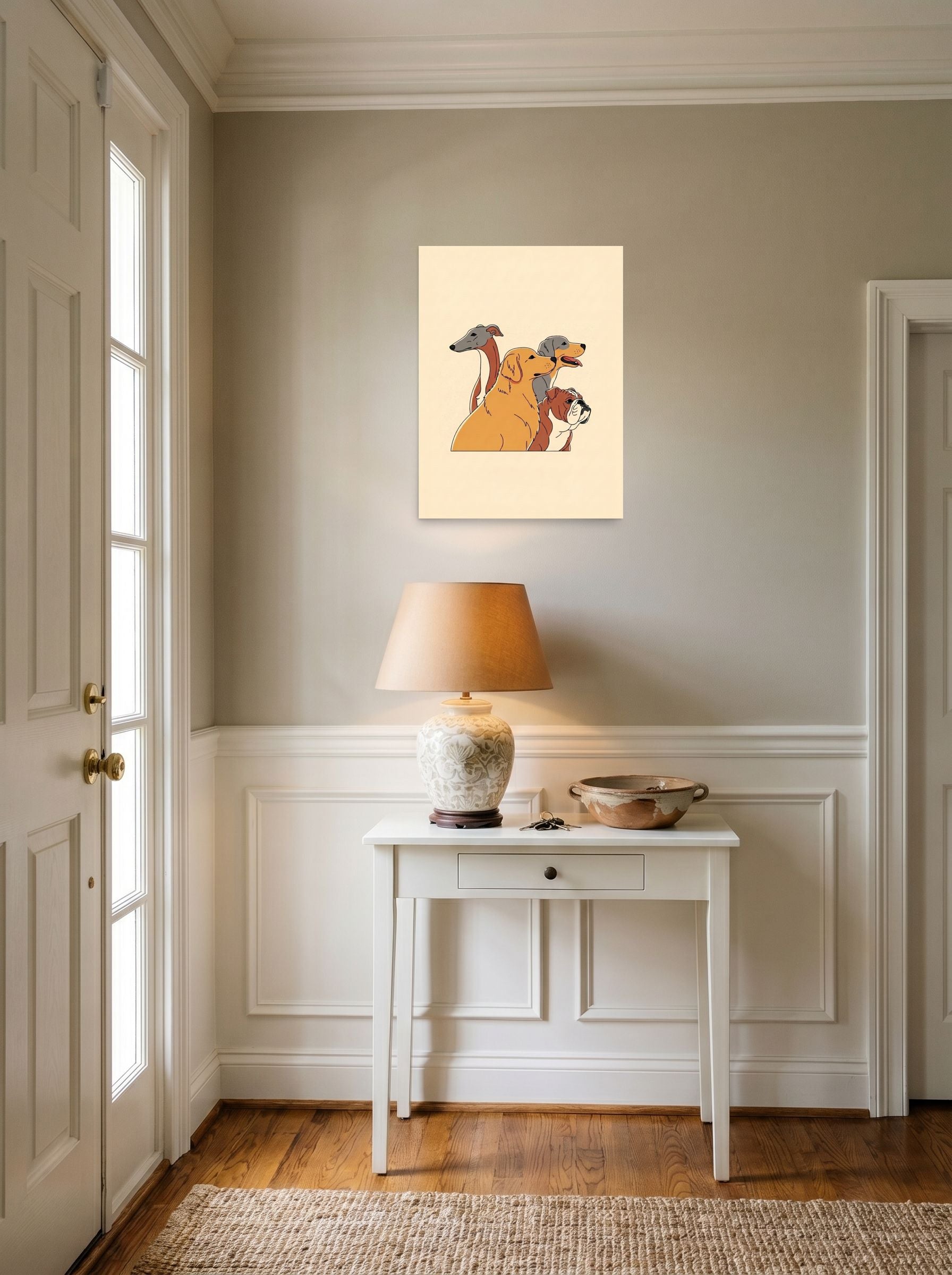 A 18x24 inch unframed paper Digital art,Pop art print of 'The Canine Trio' hanging in an entryway near a console.