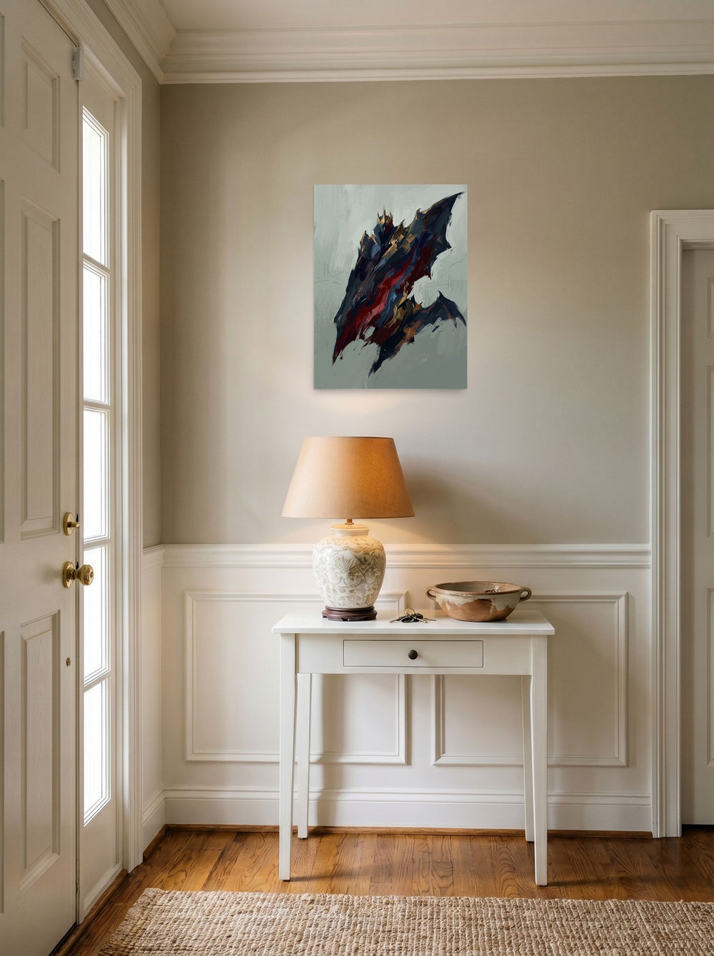 A unframed paper print of the Abstract expressionism artwork 'The Crimson King', hanging in an entryway near a console.