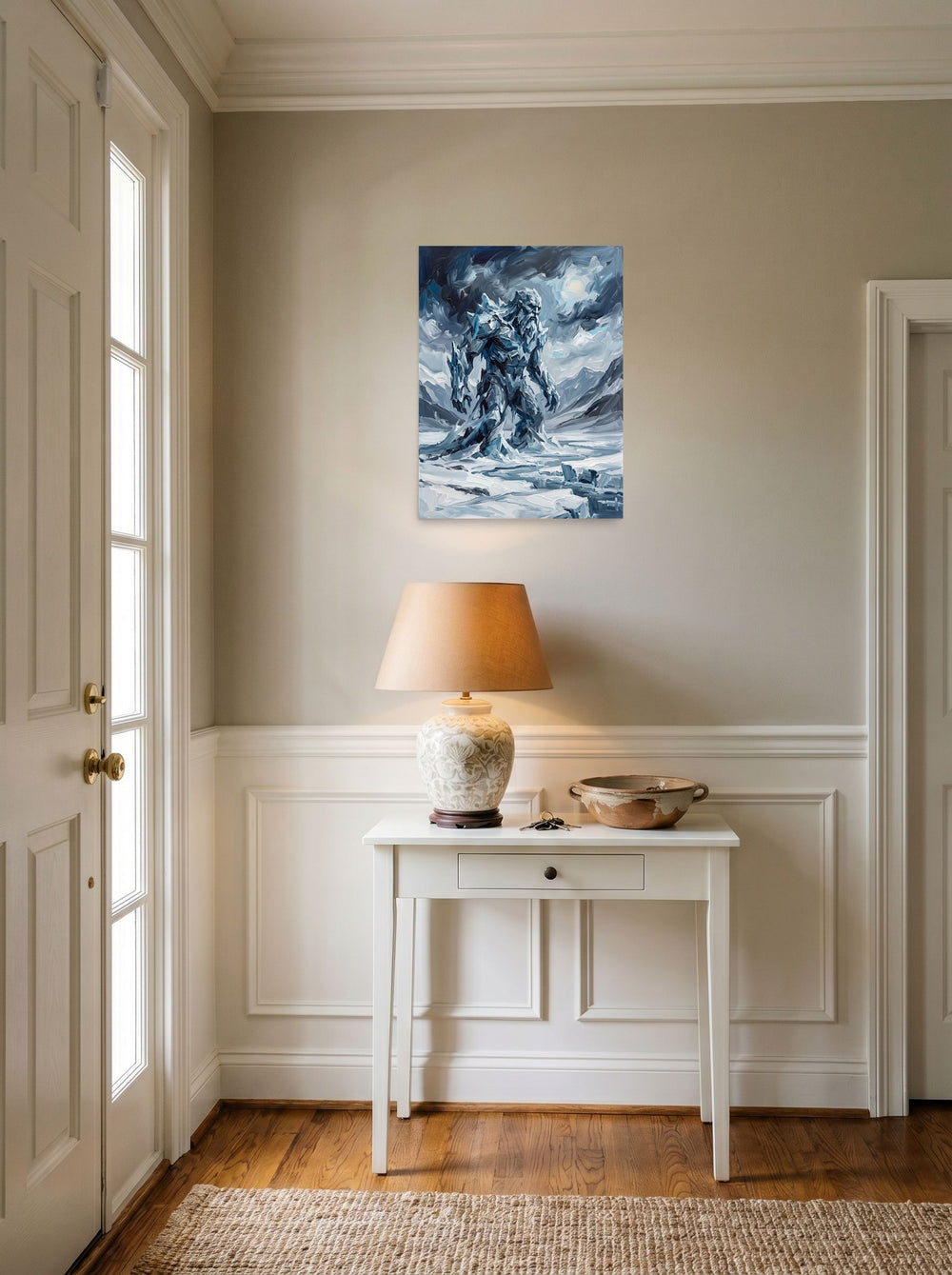 'Titan of the Frost' as a unframed paper print, 18x24 inch, styled above a console table in an entryway.