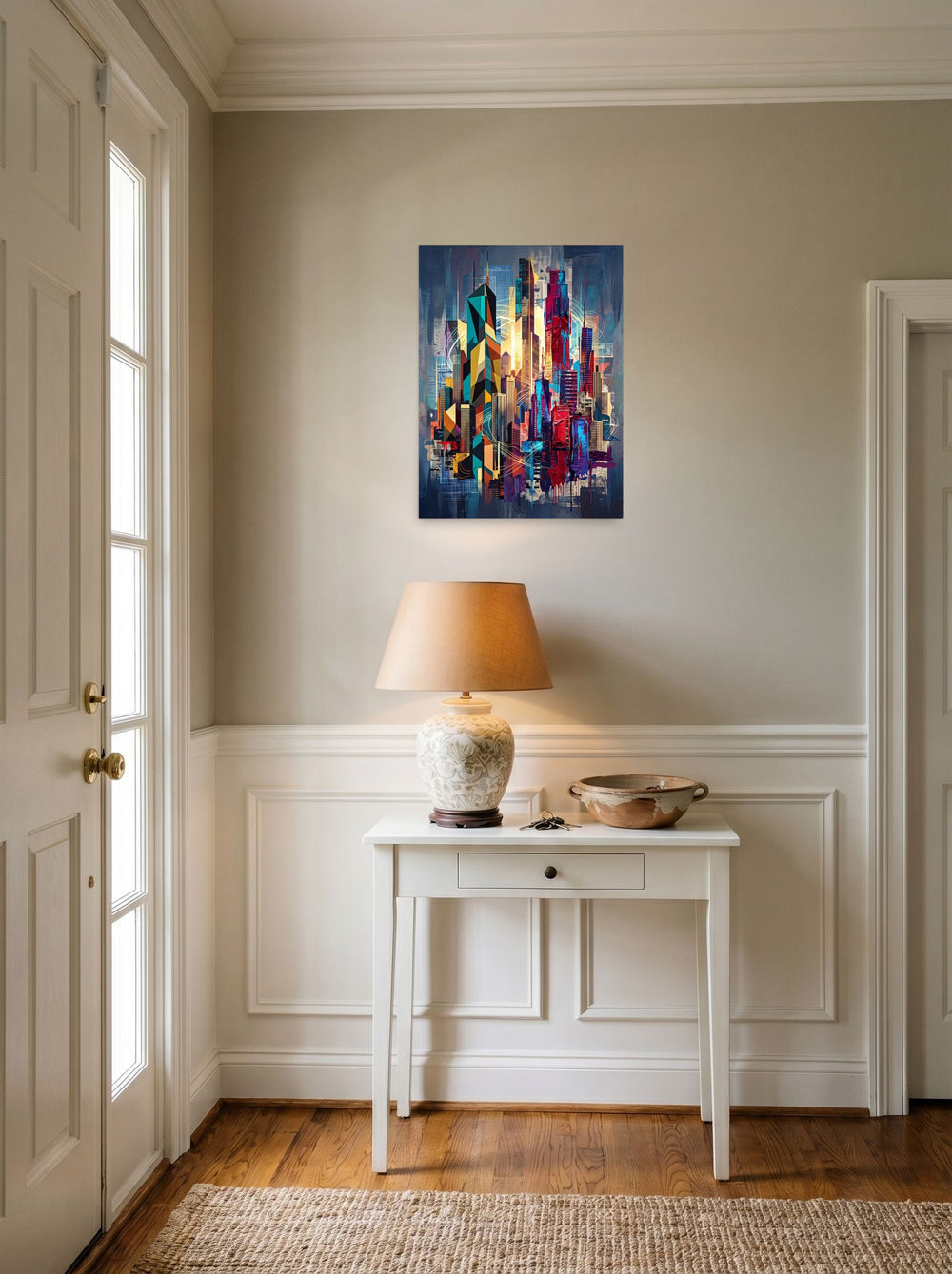 'Architectural Rhythm' as a unframed paper print, 18x24 inch, styled above a console table in an entryway.