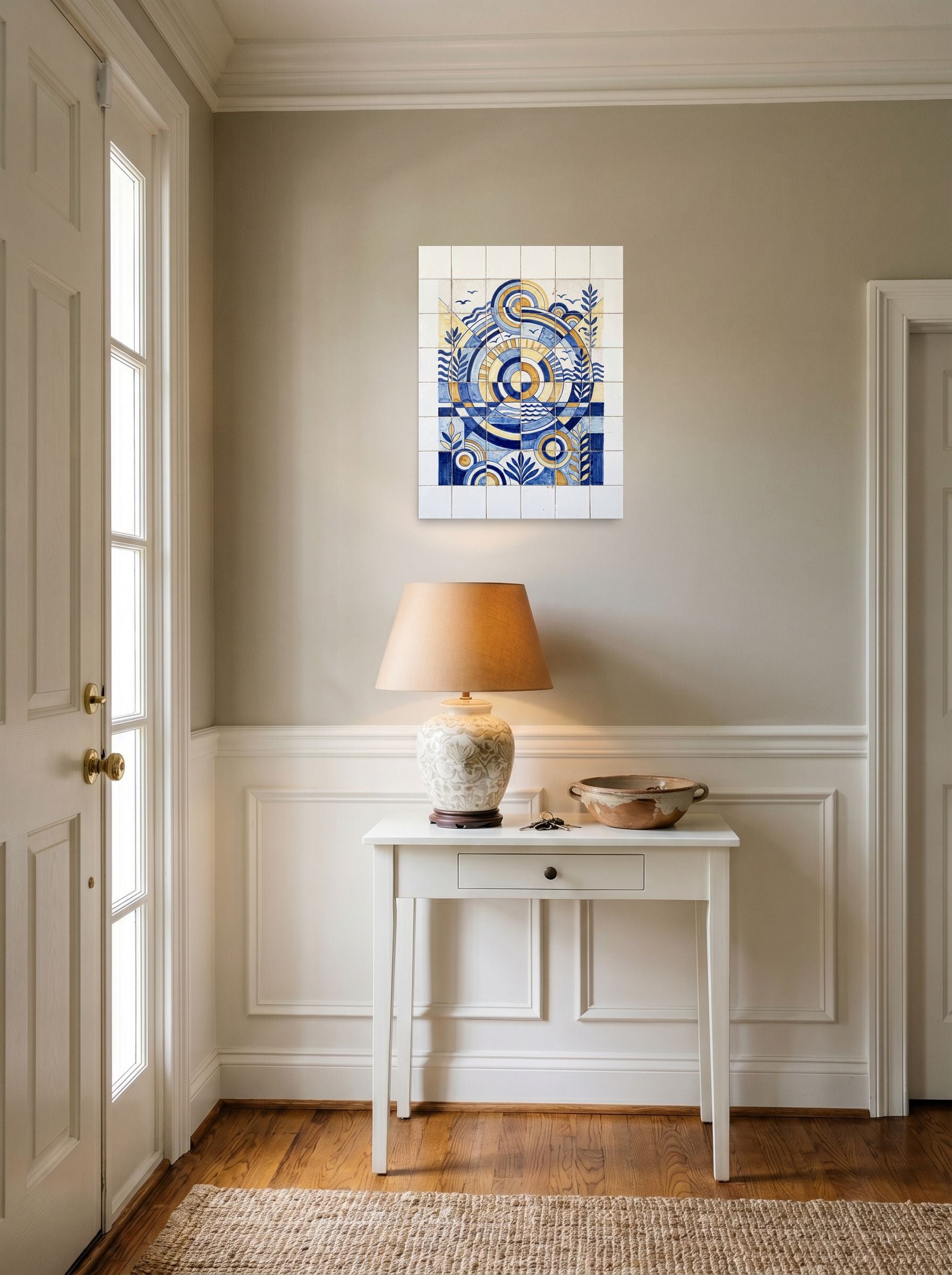 A 18x24 inch unframed paper Art Deco print of 'The Sunlit Compass' hanging in an entryway near a console.
