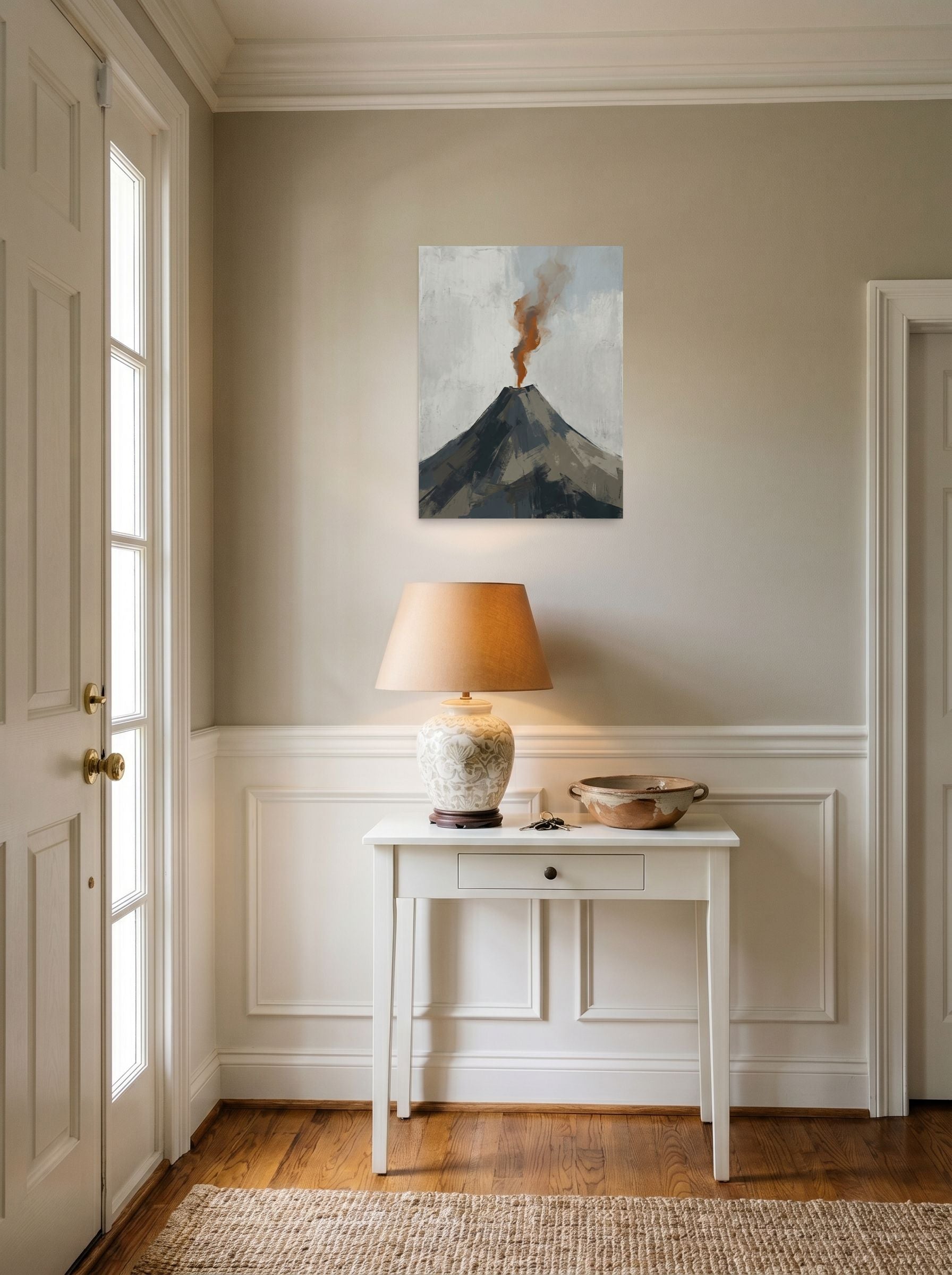 A 18x24 inch unframed paper Minimalism print of 'Earth's Exhale' hanging in an entryway near a console.