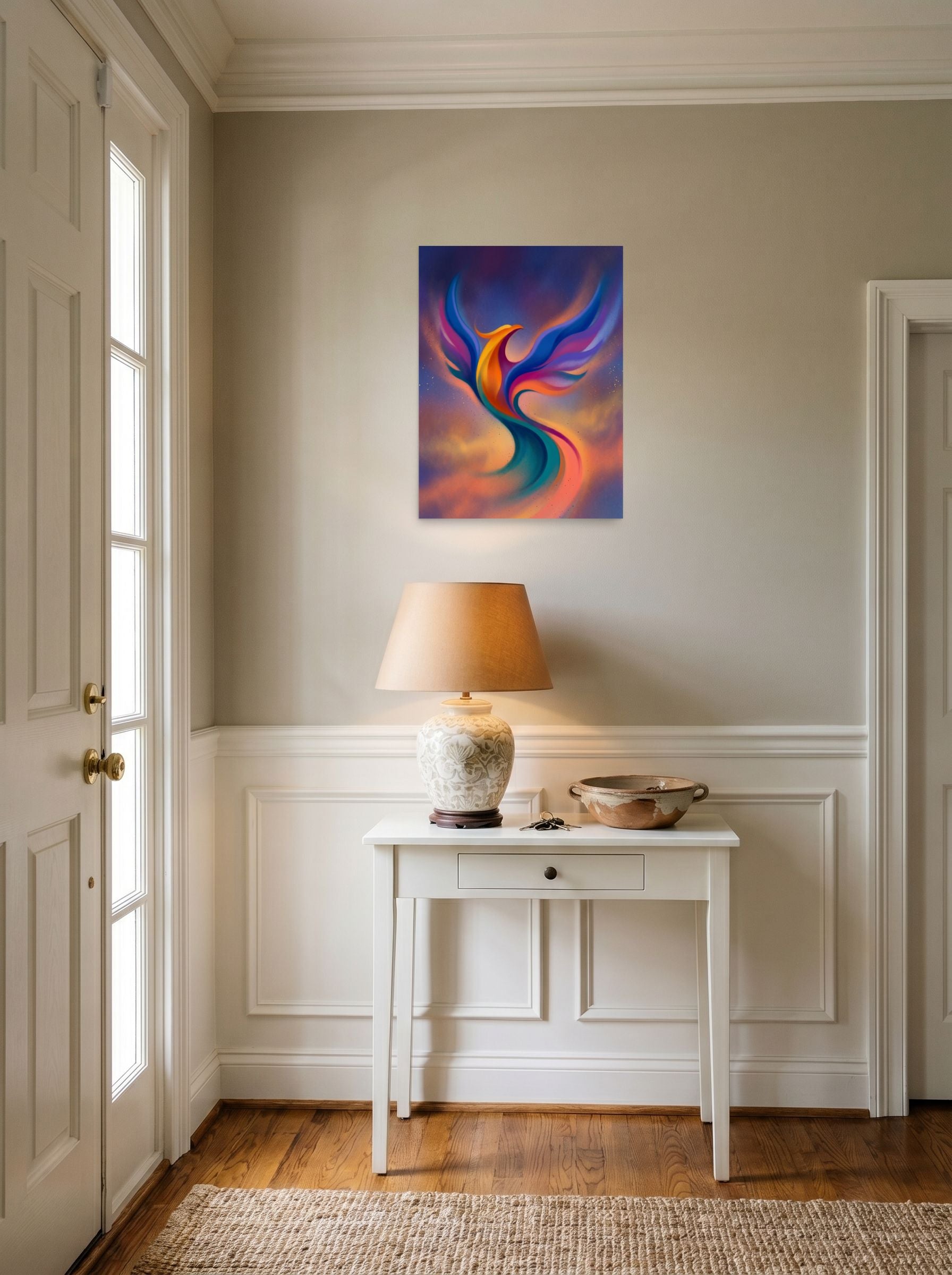 A 18x24 inch unframed paper Abstract art print of 'Flight of Rebirth' hanging in an entryway near a console.