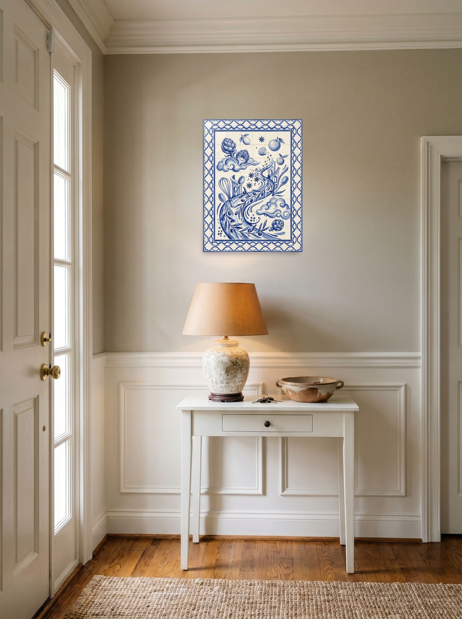 A 18x24 inch unframed paper Surrealism print of 'A Culinary Dream' hanging in an entryway near a console.