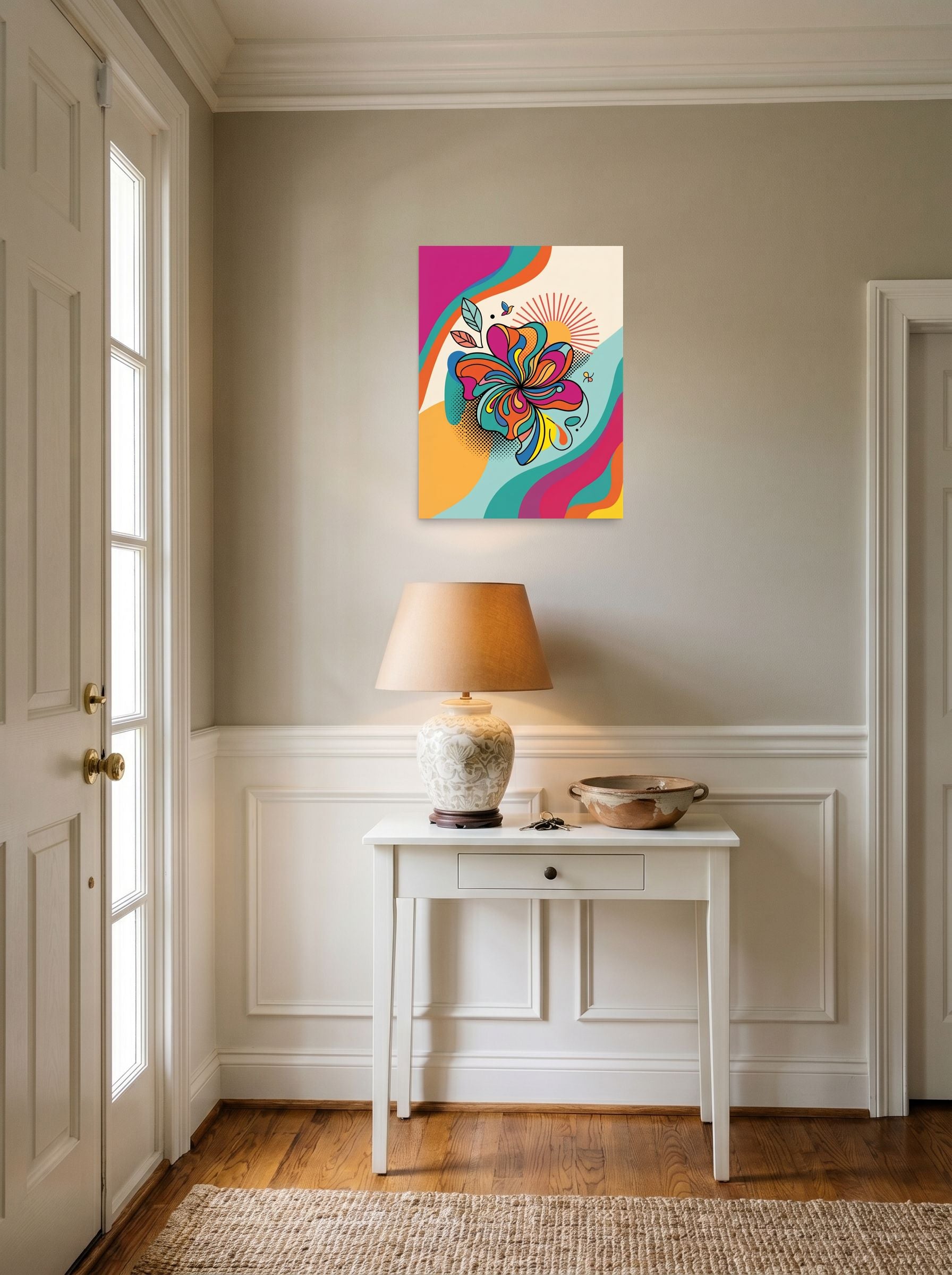 A 18x24 inch unframed paper Pop art print of 'Psychedelic Petals' hanging in an entryway near a console.