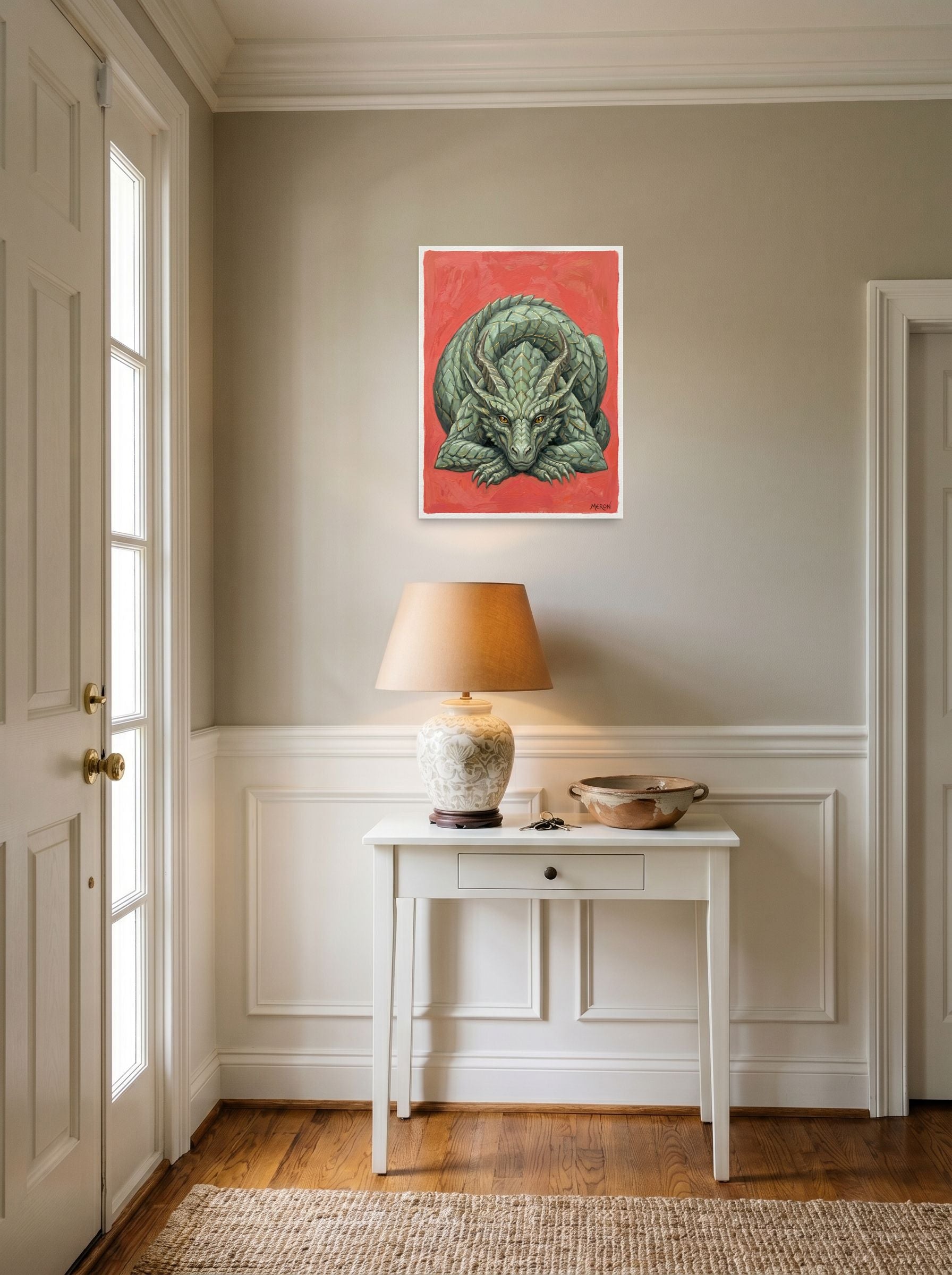A 18x24 inch unframed paper Fantastic realism print of 'Slumbering Drake' hanging in an entryway near a console.