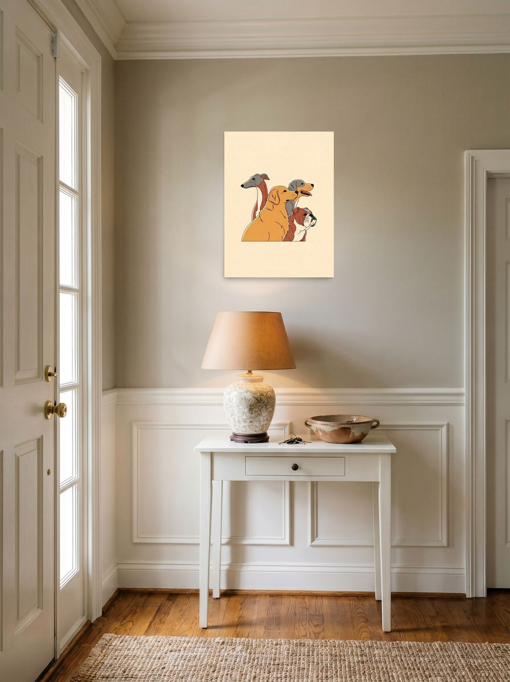 A 18x24 inch unframed paper Digital art,Pop art print of 'The Canine Trio' hanging in an entryway near a console.