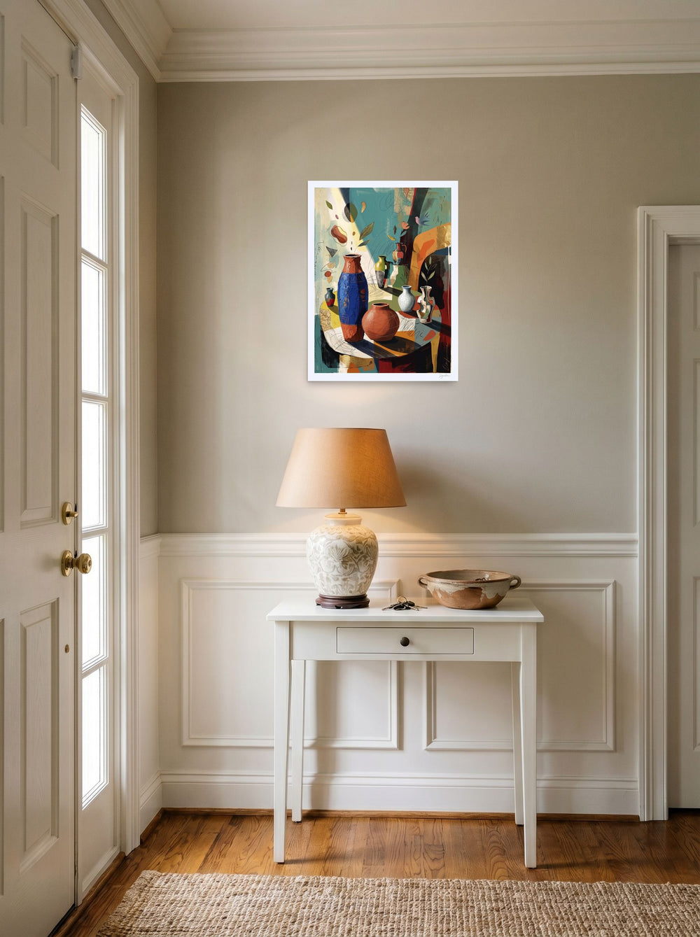 Dau-al-Set wall art 'Vessels of Light', unframed paper at 18x24 inch, hanging in an entryway near a console.