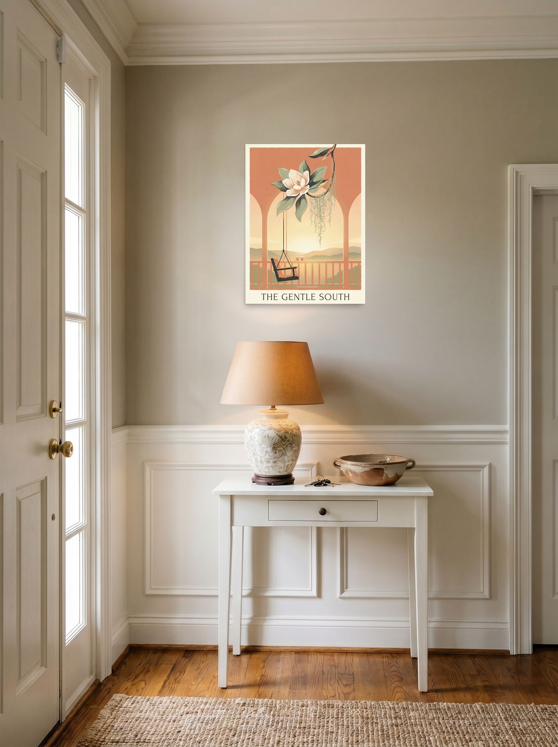 A 18x24 inch unframed paper Art Nouveau,Digital art print of 'The Gentle South' hanging in an entryway near a console.