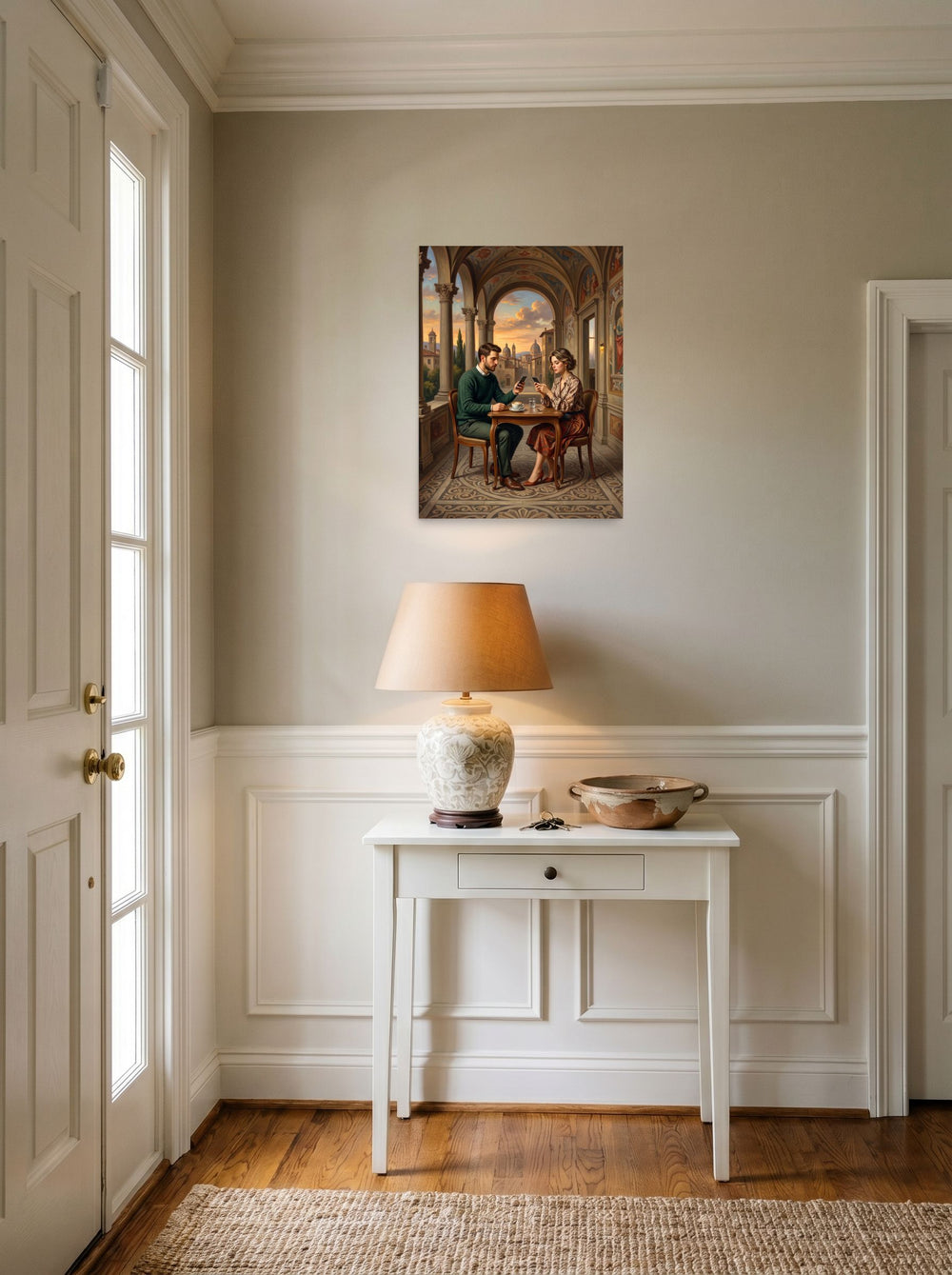 A 18x24 inch unframed paper version of 'Loggia of Distraction', Renaissance wall art, set against a bright entryway wall.