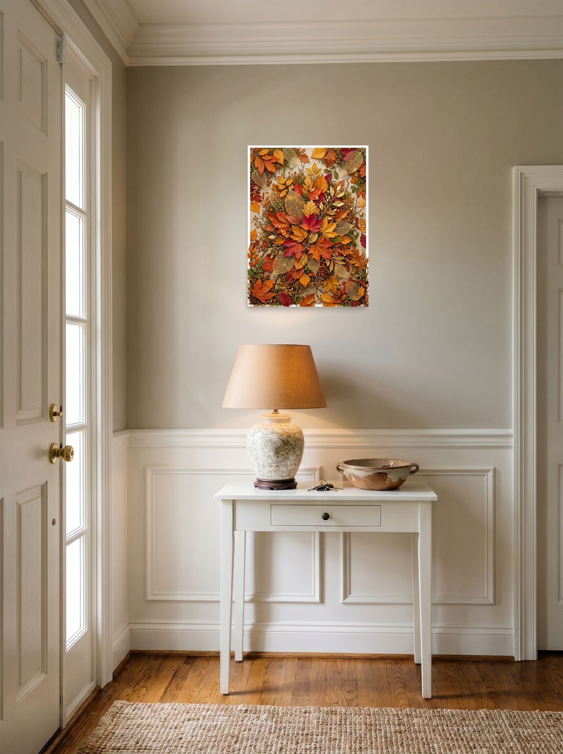 A 18x24 inch unframed paper Assemblage,Realism print of 'Autumn Tapestry' hanging in an entryway near a console.