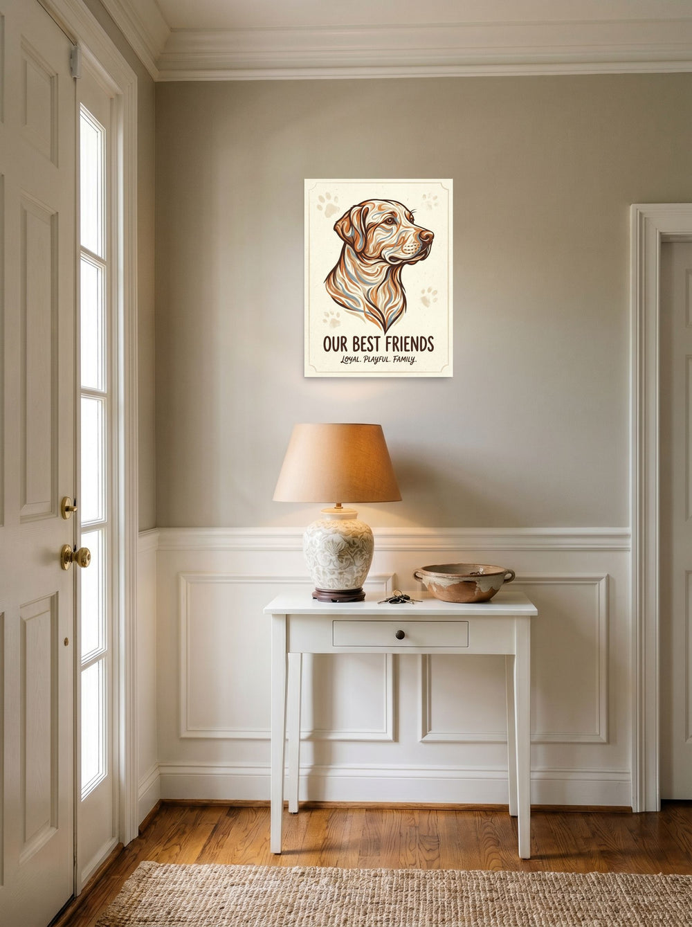 A 18x24 inch unframed paper Digital art,Modernism print of 'Loyal Companion' hanging in an entryway near a console.
