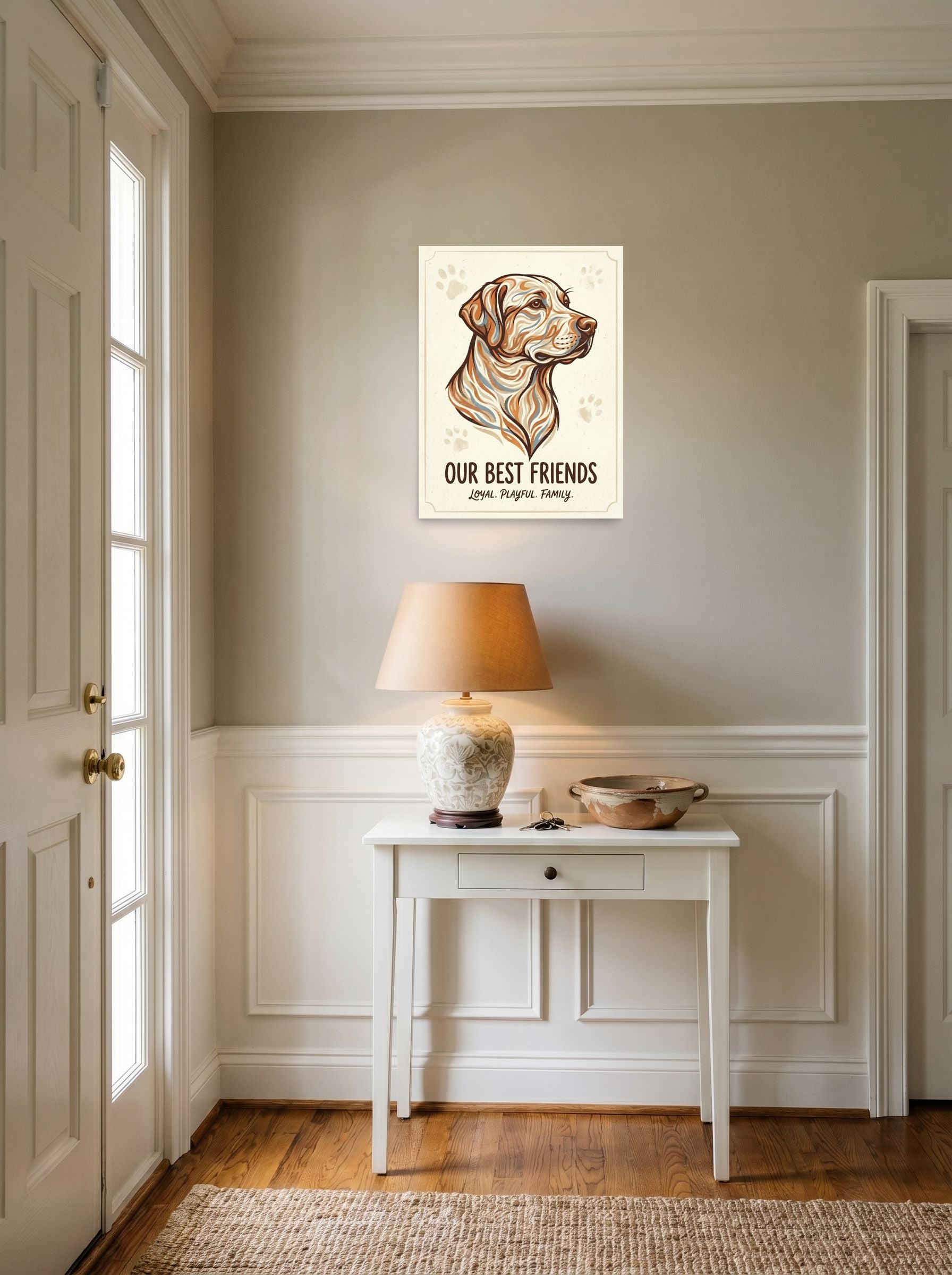 A 18x24 inch unframed paper Digital art,Modernism print of 'Loyal Companion' hanging in an entryway near a console.