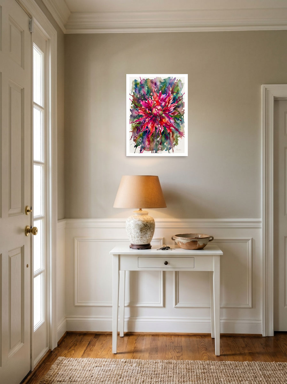 'Botanical Burst' as a unframed paper print, 18x24 inch, set against a bright entryway wall.