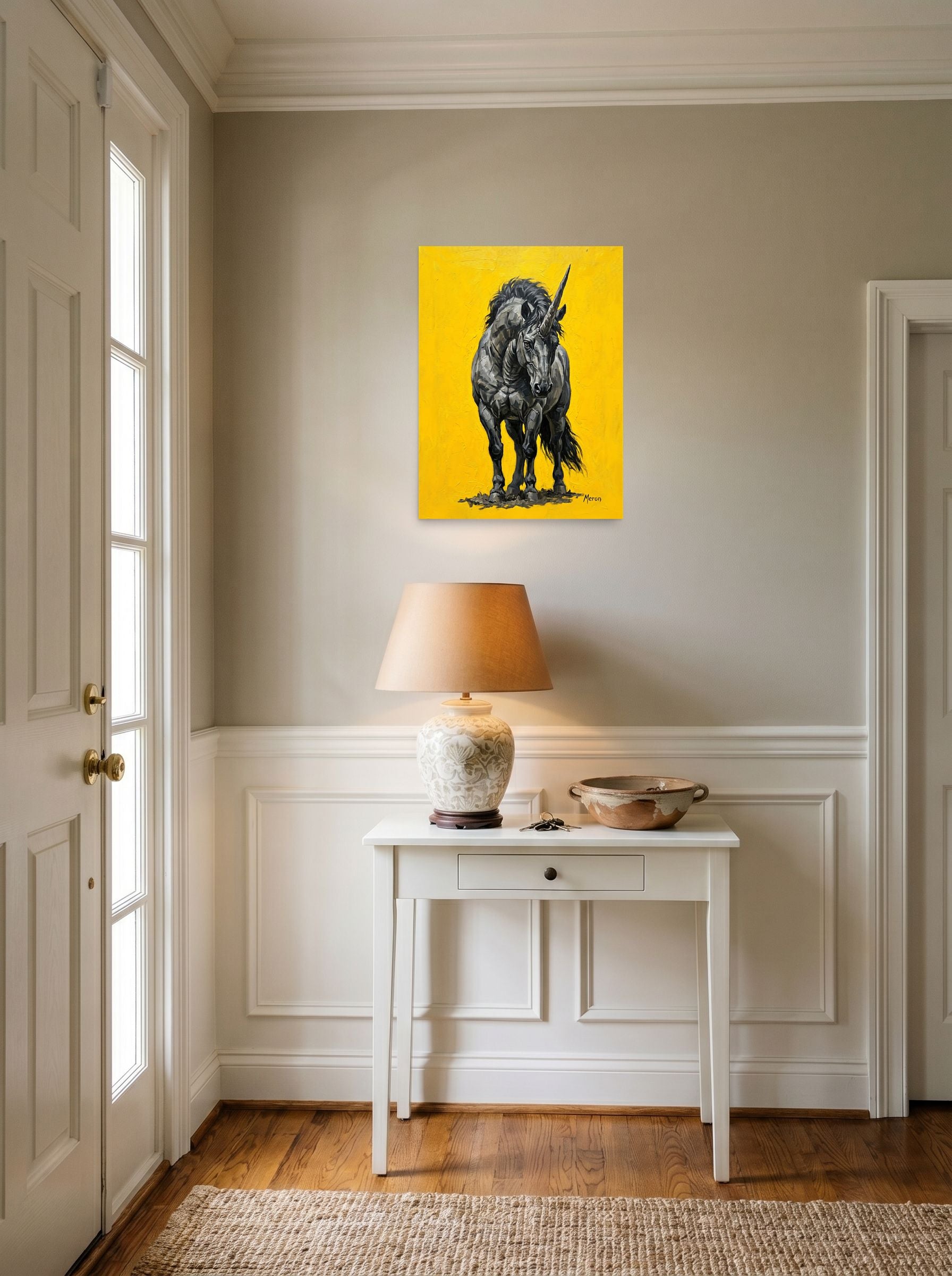 A 18x24 inch unframed paper Expressionism print of 'The Iron Horn' hanging in an entryway near a console.