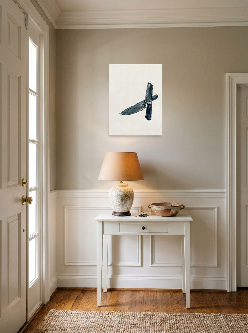 A 18x24 inch unframed paper Minimalism print of 'Culinary Precision' hanging in an entryway near a console.