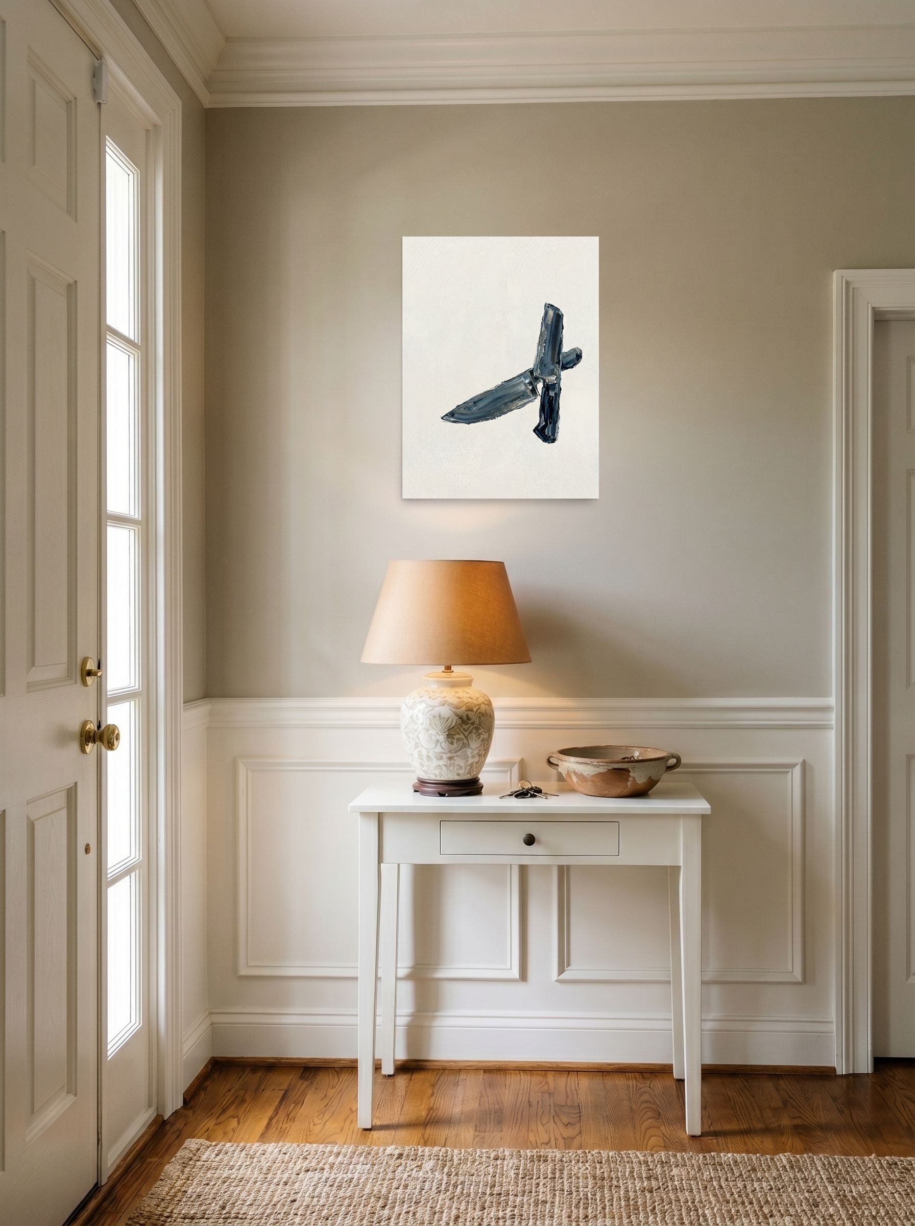 A 18x24 inch unframed paper Minimalism print of 'Culinary Precision' hanging in an entryway near a console.
