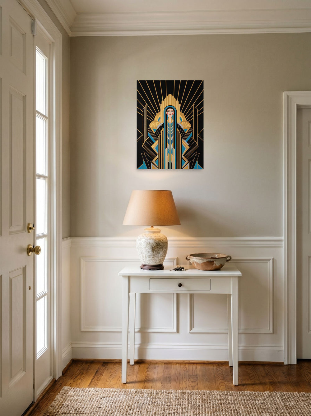 A 18x24 inch unframed paper Art Deco print of 'Deco Empress' hanging in an entryway near a console.
