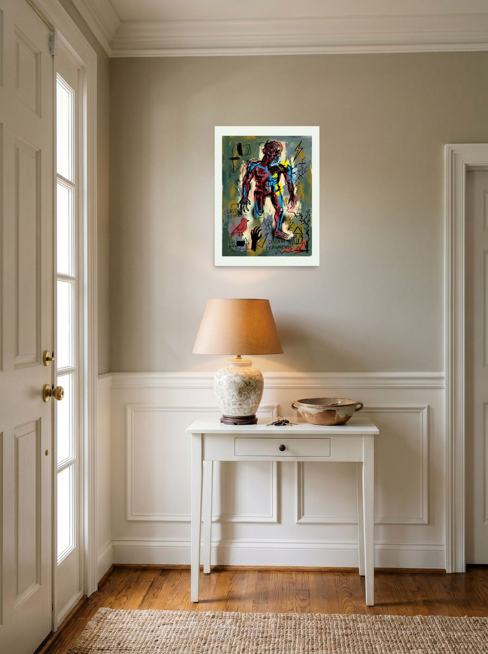Neo-expressionism wall art 'Dream Fragments', unframed paper at 18x24 inch, set against a bright entryway wall.