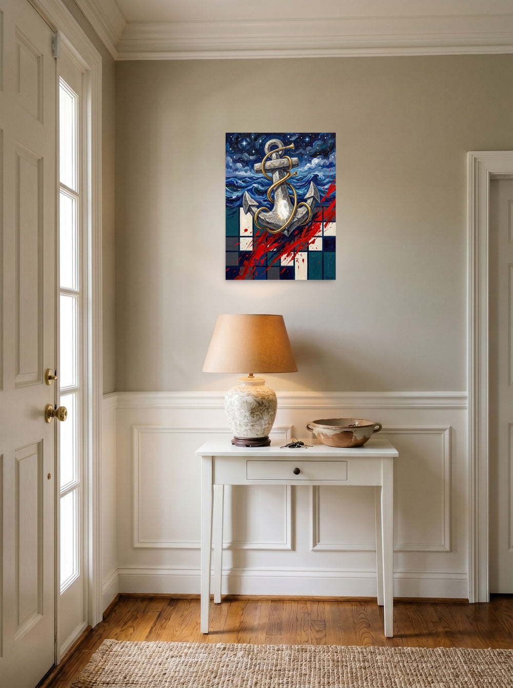 'Anchor of the Horizon' in 18x24 inch unframed paper, hanging in an entryway near a console.