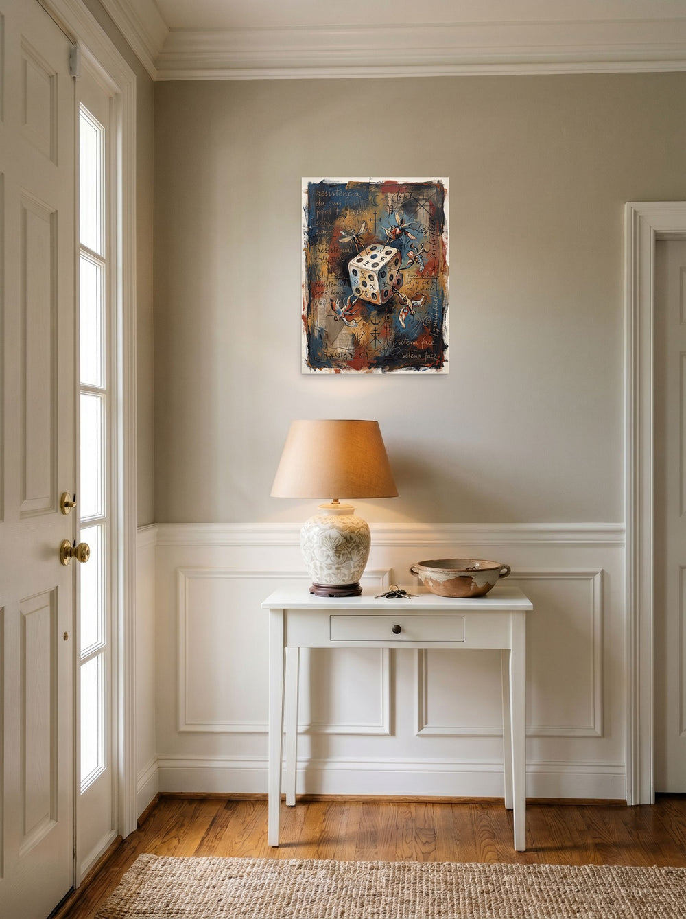 A 18x24 inch unframed paper version of 'The Seventh Face', Dau-al-Set wall art, hanging in an entryway near a console.