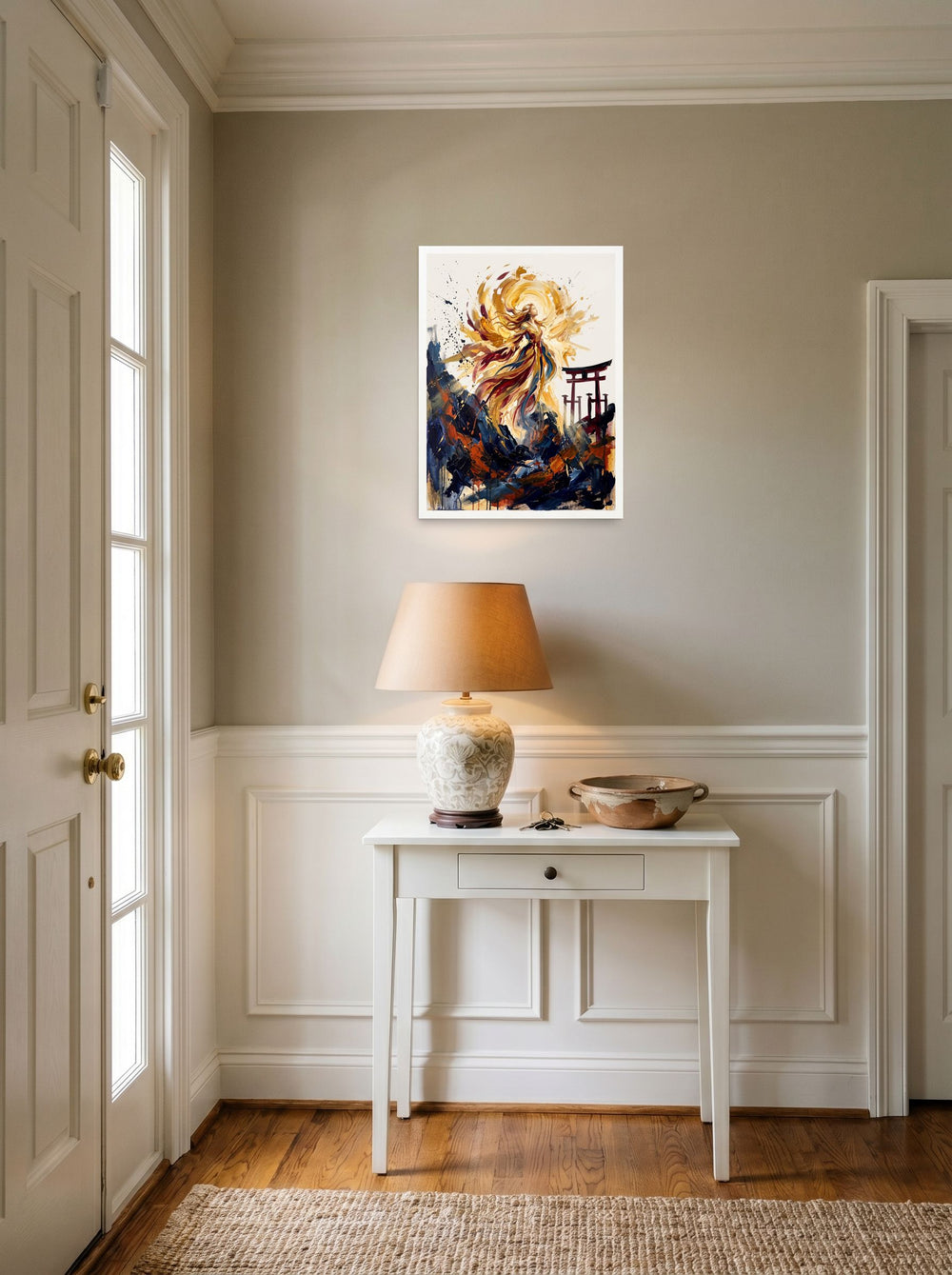 A unframed paper print of the Expressionism artwork 'Amaterasu Awakening', set against a bright entryway wall.