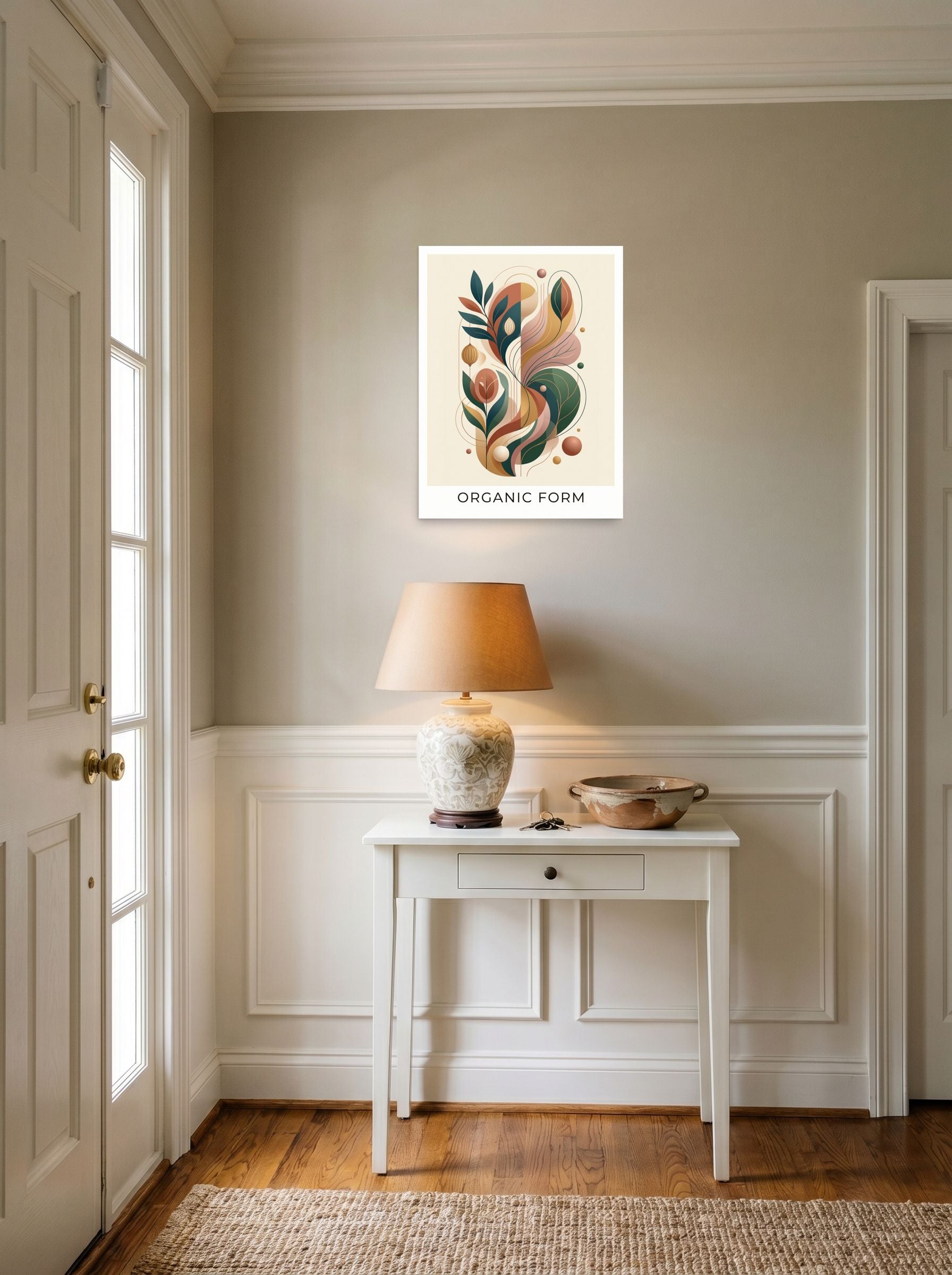 A 18x24 inch unframed paper Abstract art,Modernism print of 'Earthy Organic Form' hanging in an entryway near a console.